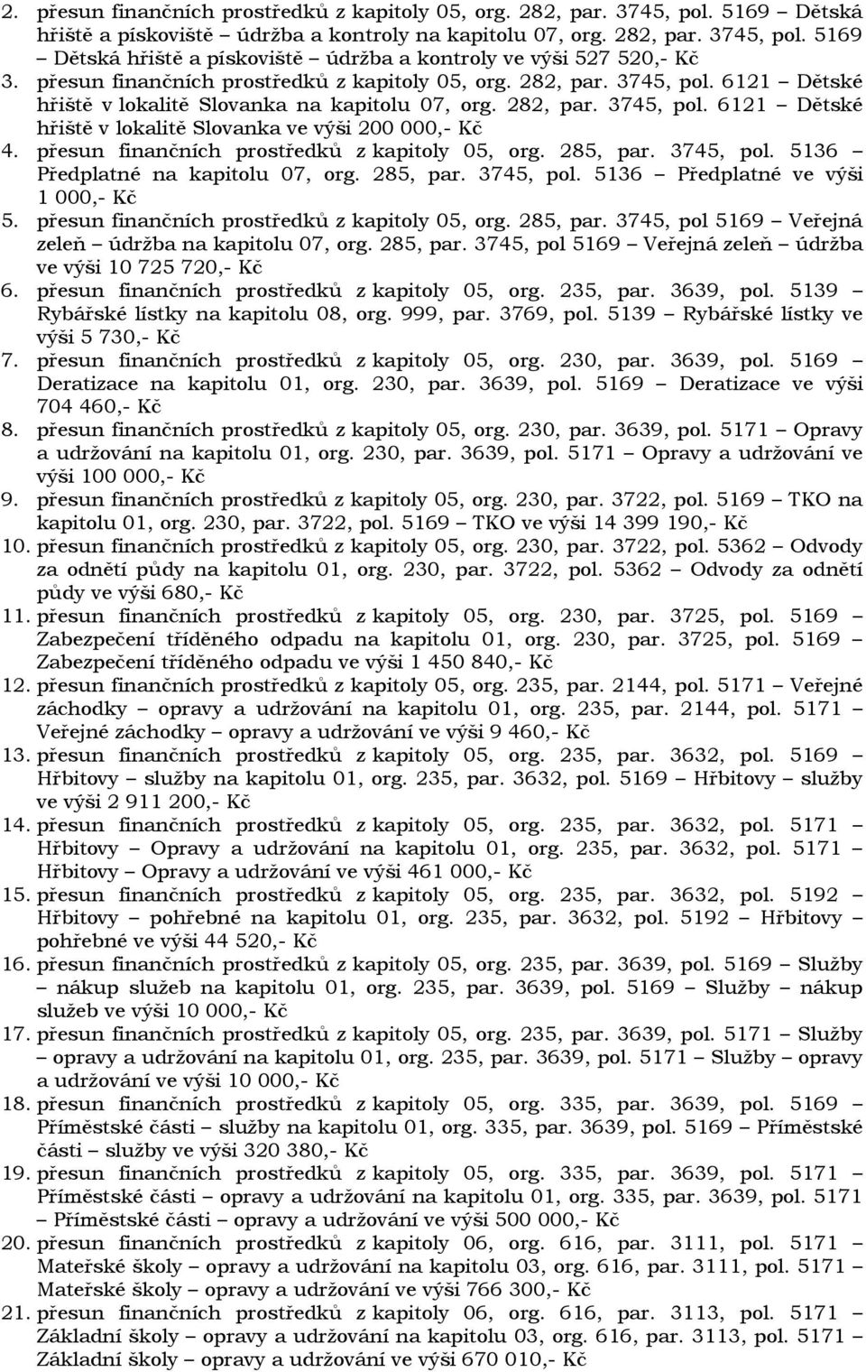 přesun finančních prostředků z kapitoly 05, org. 285, par. 3745, pol. 5136 Předplatné na kapitolu 07, org. 285, par. 3745, pol. 5136 Předplatné ve výši 1 000,- Kč 5.