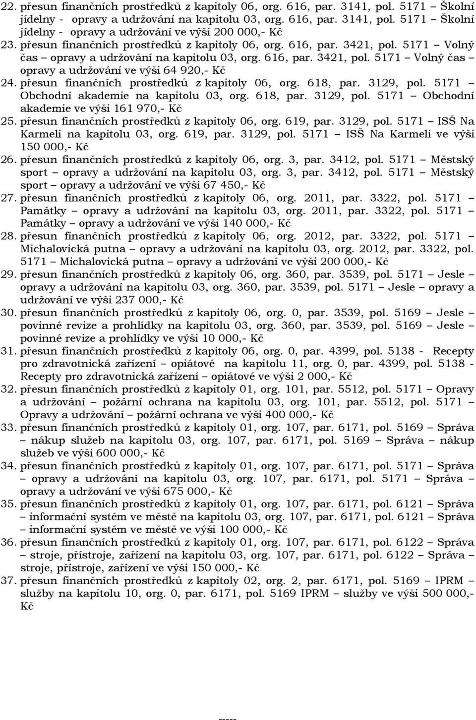 přesun finančních prostředků z kapitoly 06, org. 618, par. 3129, pol. 5171 Obchodní akademie na kapitolu 03, org. 618, par. 3129, pol. 5171 Obchodní akademie ve výši 161 970,- Kč 25.