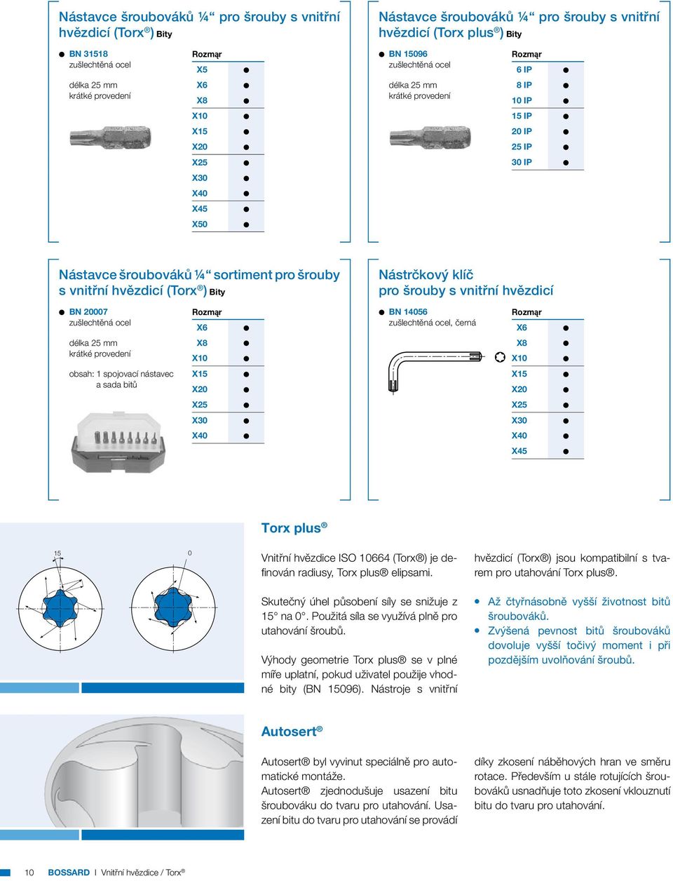 pro šrouby s vniřní hvězdicí (Torx ) Biy 1 BN 20007 Rozm r zušlechěná ocel X6 1 délka 25 mm X8 1 kráké provedení X10 1 obsah: 1 spojovací násavec X15 1 a sada biů X20 1 X25 1 X30 1 X40 1 Násrčkový