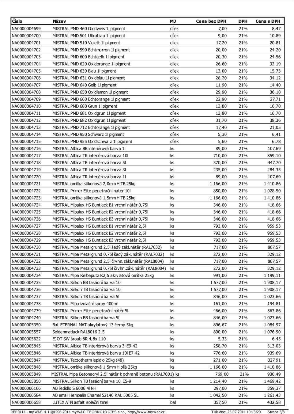 pigment dílek 26,60 21% 32,19 NA0000004705 MISTRAL PMD 630 Blau 1l pigment dílek 13,00 21% 15,73 NA0000004706 MISTRAL PMD 631 Oxidblau 1l pigment dílek 28,20 21% 34,12 NA0000004707 MISTRAL PMD 640