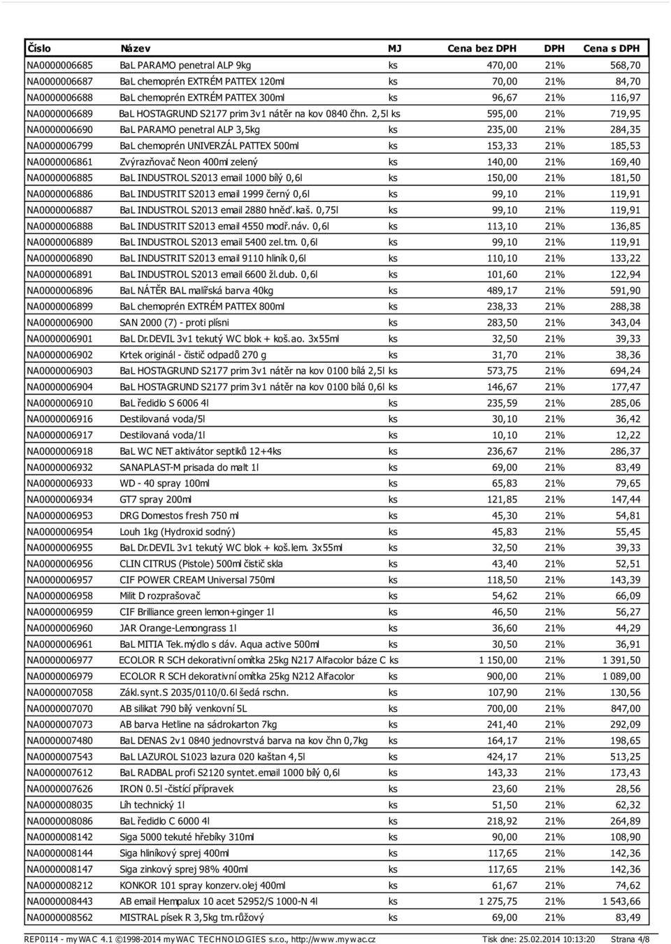 2,5l ks 595,00 21% 719,95 NA0000006690 BaL PARAMO penetral ALP 3,5kg ks 235,00 21% 284,35 NA0000006799 BaL chemoprén UNIVERZÁL PATTEX 500ml ks 153,33 21% 185,53 NA0000006861 Zvýrazňovač Neon 400ml