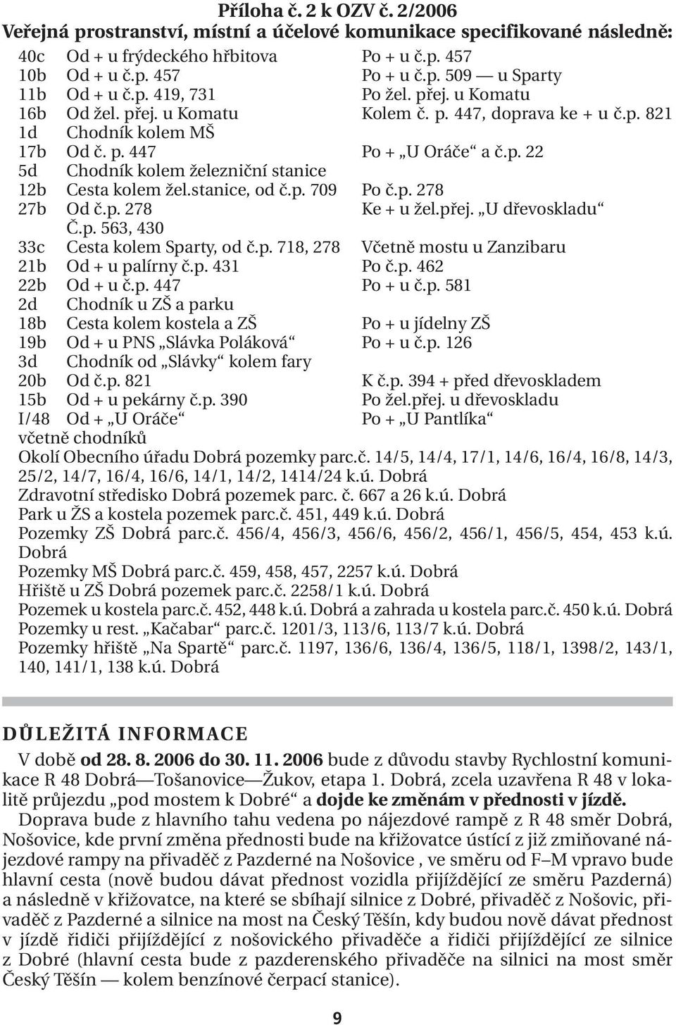 stanice, od č.p. 709 Po č.p. 278 27b Od č.p. 278 Ke + u žel.přej. U dřevoskladu Č.p. 563, 430 33c Cesta kolem Sparty, od č.p. 718, 278 Včetně mostu u Zanzibaru 21b Od + u palírny č.p. 431 Po č.p. 462 22b Od + u č.