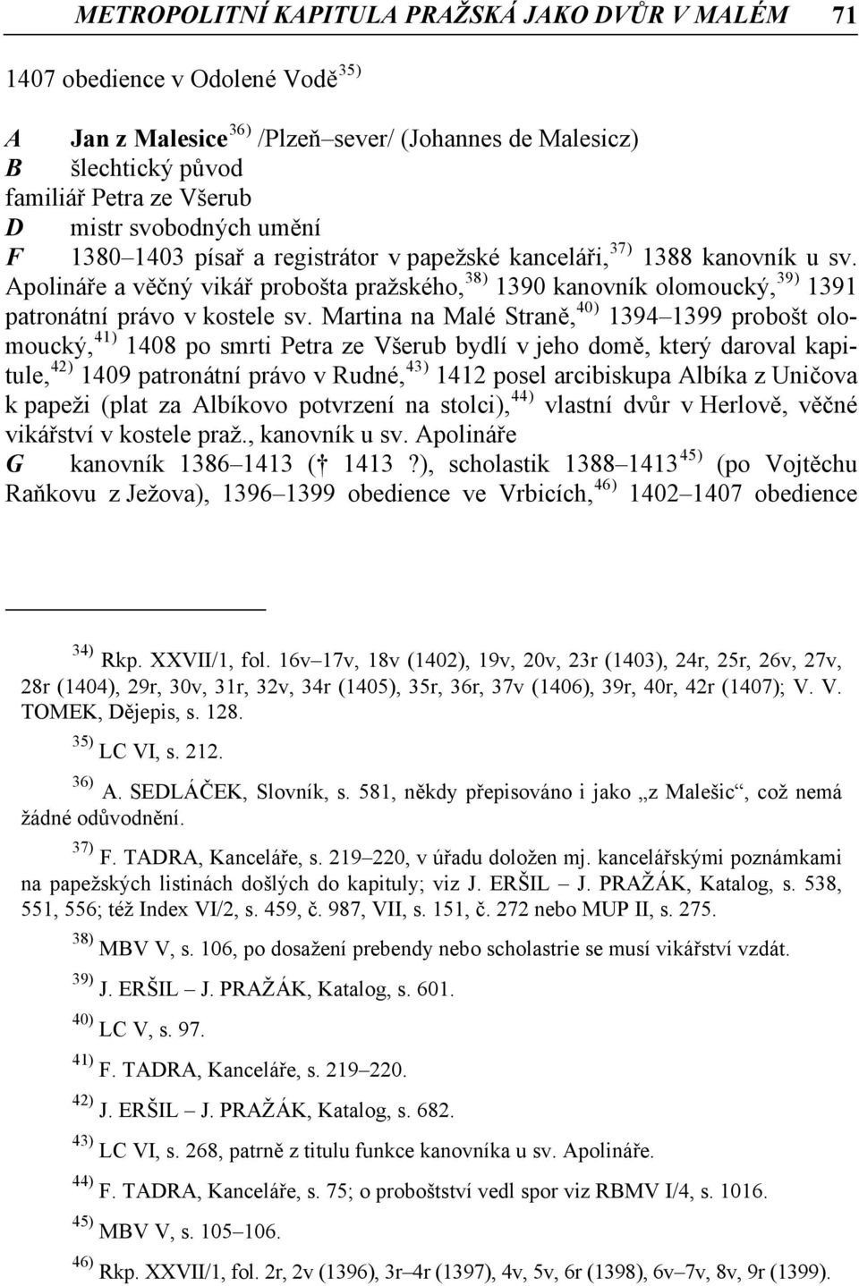 Apolináře a věčný vikář probošta pražského, 38) 1390 kanovník olomoucký, 39) 1391 patronátní právo v kostele sv.