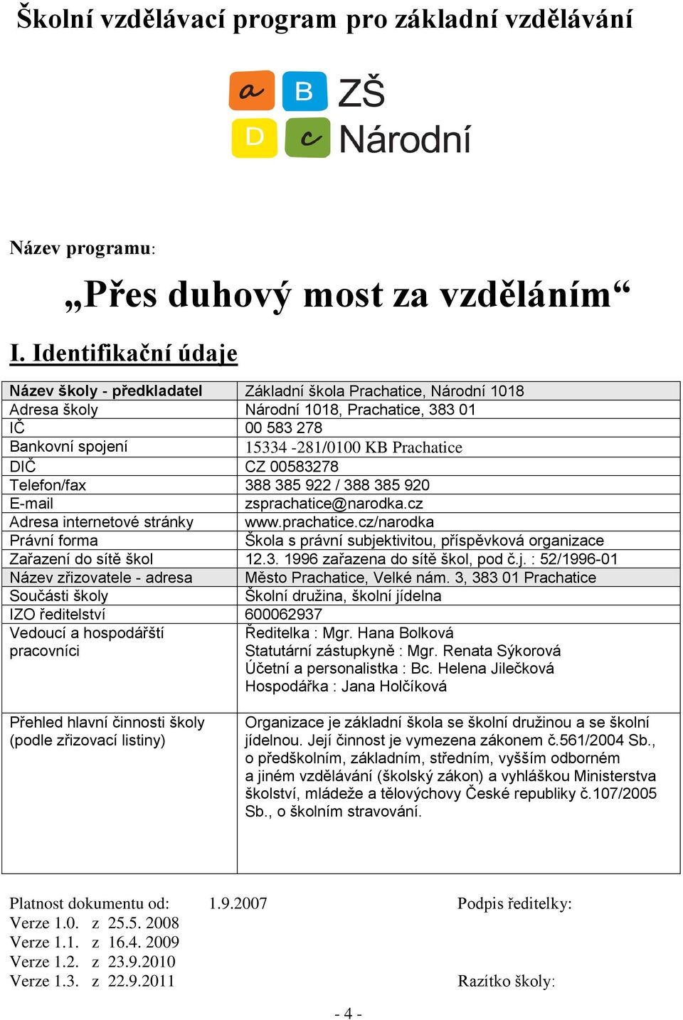 00583278 Telefon/fax 388 385 922 / 388 385 920 E-mail zsprachatice@narodka.cz Adresa internetové stránky www.prachatice.cz/narodka Právní forma Škola s právní subjektivitou, příspěvková organizace Zařazení do sítě škol 12.