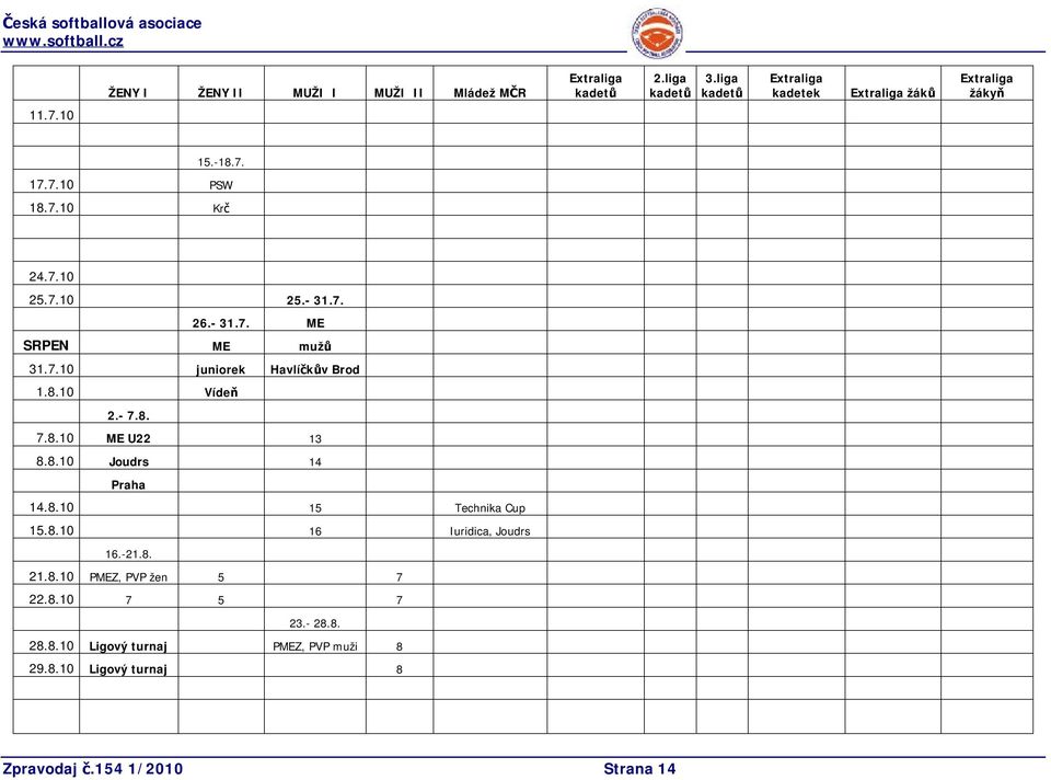 - 31.7. ME SRPEN ME mužů 31.7.10 juniorek Havlíčkův Brod 1.8.10 Vídeň 2.- 7.8. 7.8.10 ME U22 13 8.8.10 Joudrs 14 Praha 14.8.10 15 Technika Cup 15.