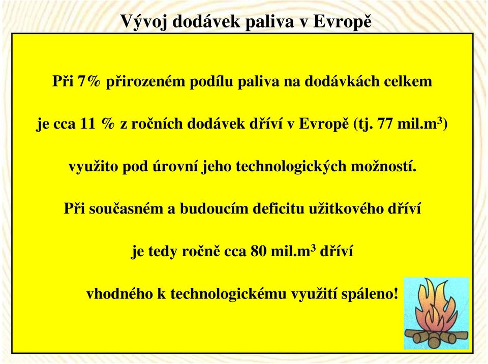 m 3 je cca 11 % z ročních dodávek dříví v Evropě (tj. 77 mil.m 3 ) využito pod úrovní jeho technologických možností.