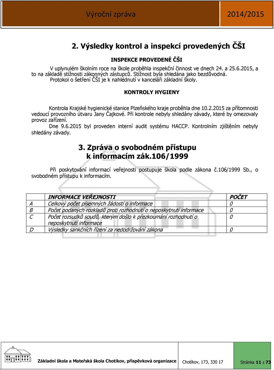 KONTROLY HYGIENY Kontrola Krajské hygienické stanice Plzeňského kraje proběhla dne 10.2.2015 za přítomnosti vedoucí provozního útvaru Jany Čajkové.