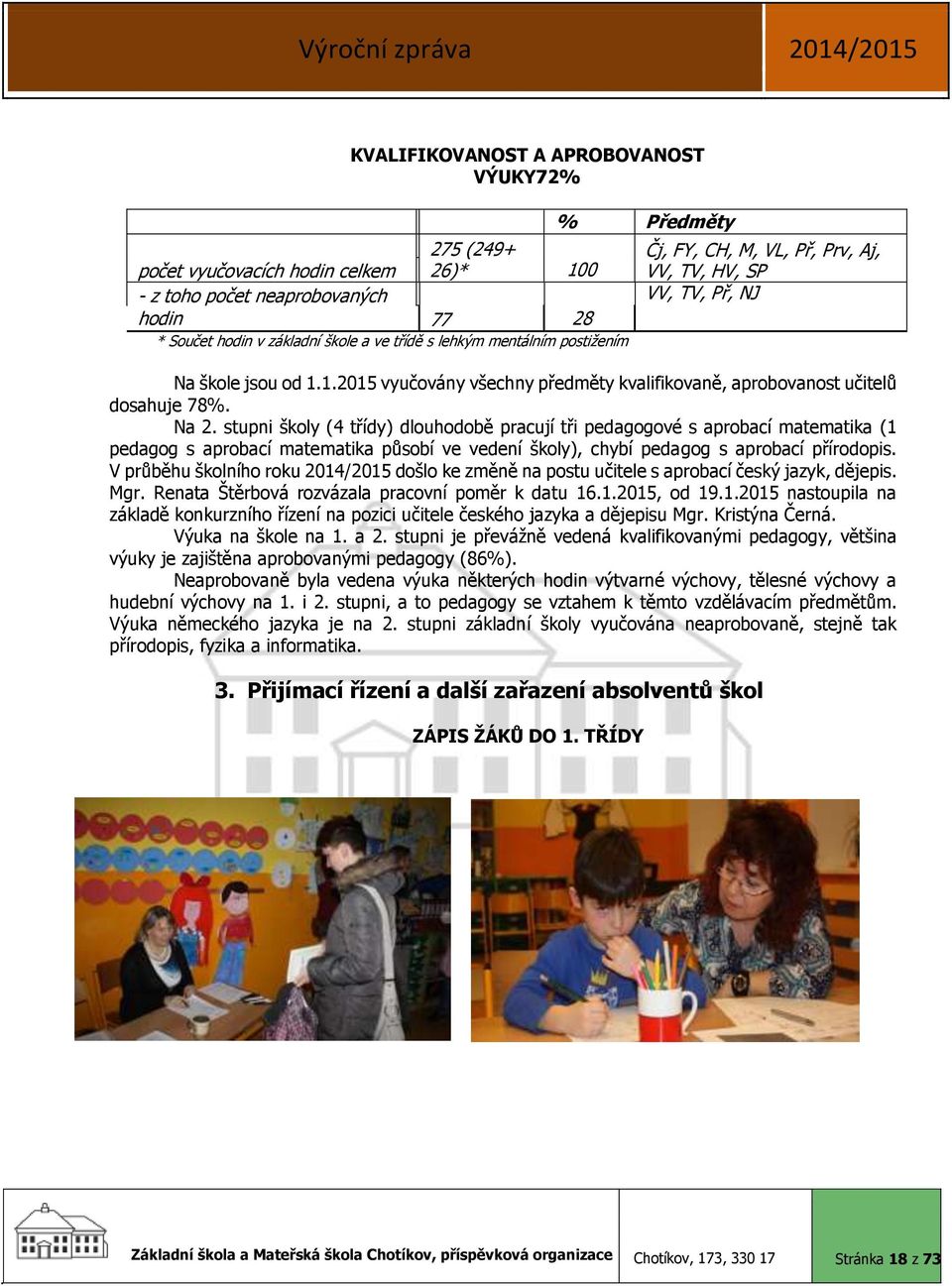 stupni školy (4 třídy) dlouhodobě pracují tři pedagogové s aprobací matematika (1 pedagog s aprobací matematika působí ve vedení školy), chybí pedagog s aprobací přírodopis.