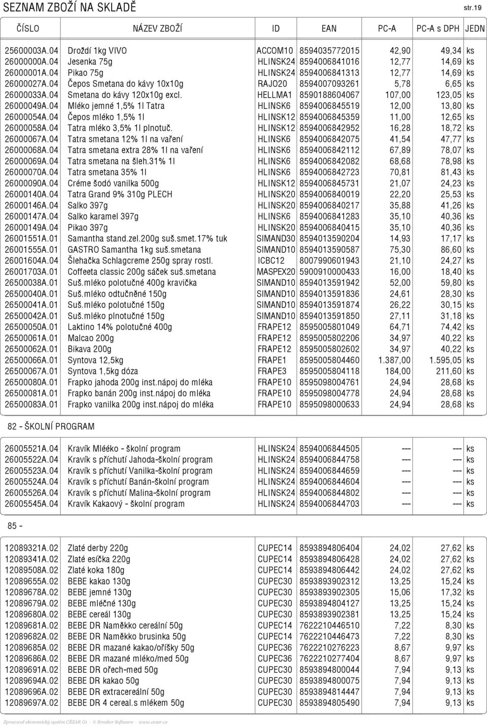 HELLMA1 8590188604067 107,00 123,05 ks 26000049A.04 Mléko jemné 1,5% 1l Tatra HLINSK6 8594006845519 12,00 13,80 ks 26000054A.04 Čepos mléko 1,5% 1l HLINSK12 8594006845359 11,00 12,65 ks 26000058A.