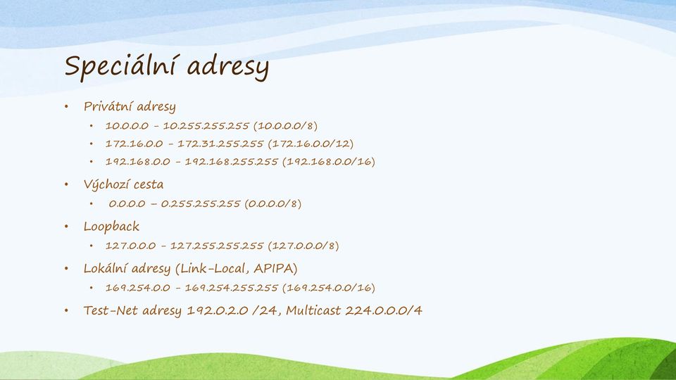 0.0.0-127.255.255.255 (127.0.0.0/8) Lokální adresy (Link-Local, APIPA) 169.254.0.0-169.254.255.255 (169.