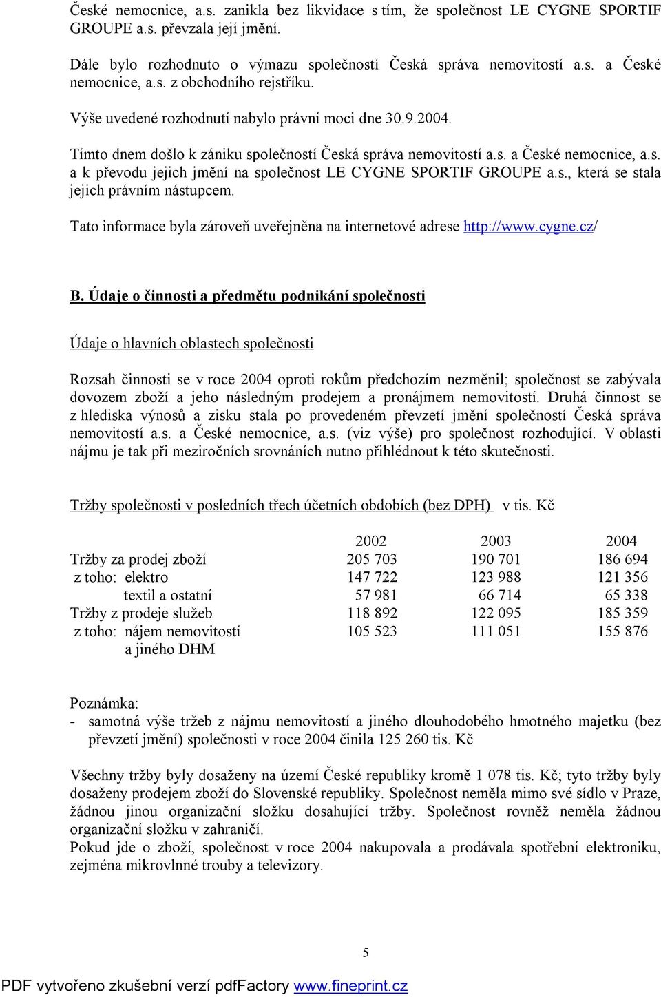 s., která se stala jejich právním nástupcem. Tato informace byla zároveň uveřejněna na internetové adrese http://www.cygne.cz/ B.