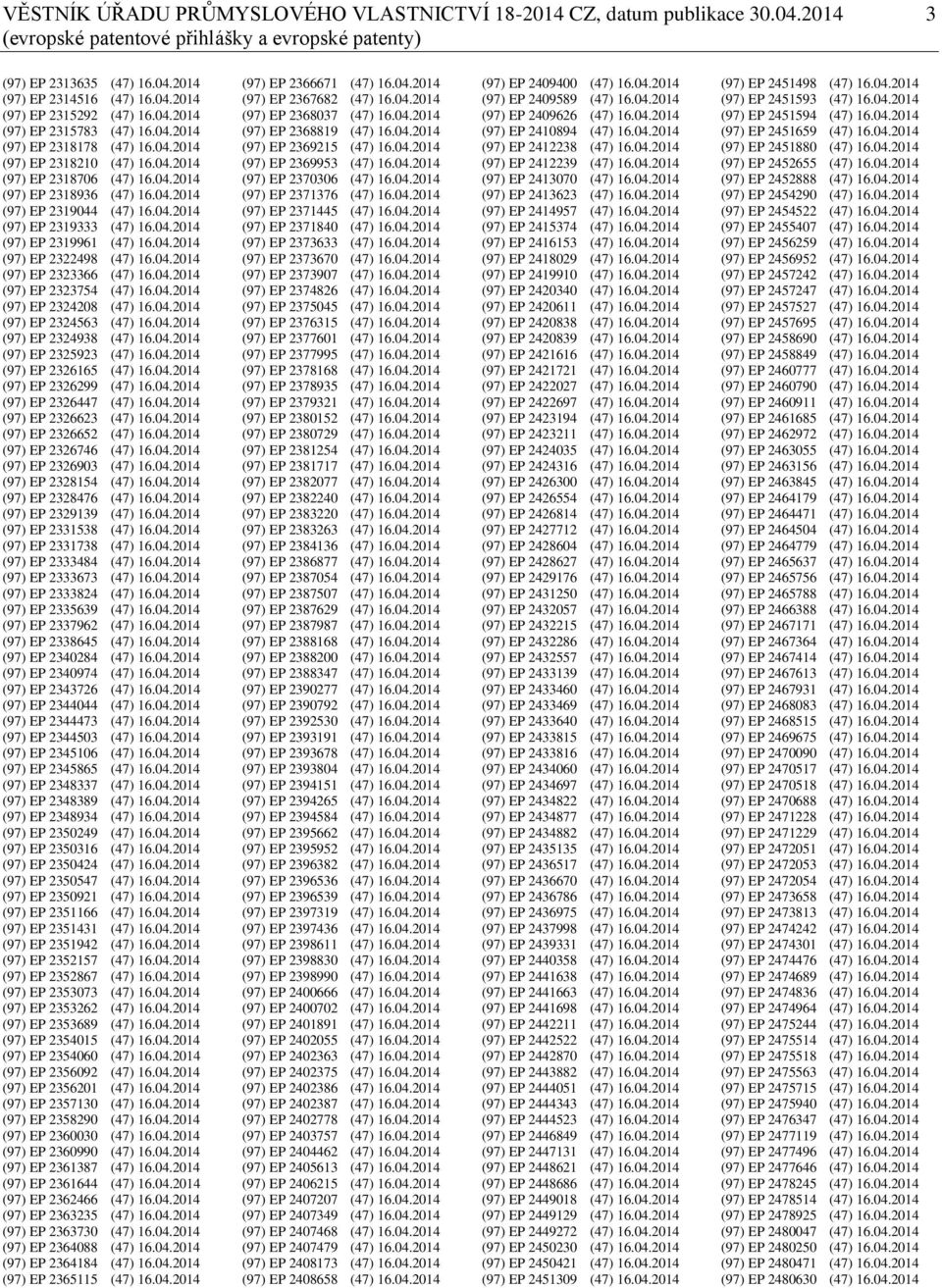 04.2014 (97) EP 2319961 (47) 16.04.2014 (97) EP 2322498 (47) 16.04.2014 (97) EP 2323366 (47) 16.04.2014 (97) EP 2323754 (47) 16.04.2014 (97) EP 2324208 (47) 16.04.2014 (97) EP 2324563 (47) 16.04.2014 (97) EP 2324938 (47) 16.