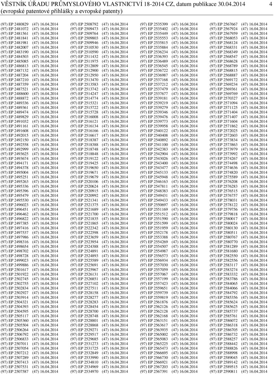 04.2014 (97) EP 2487132 (47) 16.04.2014 (97) EP 2487204 (47) 16.04.2014 (97) EP 2487210 (47) 16.04.2014 (97) EP 2487359 (47) 16.04.2014 (97) EP 2487521 (47) 16.04.2014 (97) EP 2488600 (47) 16.04.2014 (97) EP 2488872 (47) 16.
