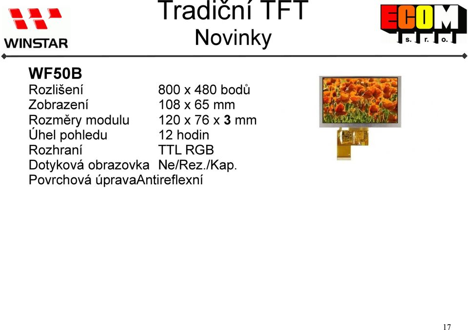 mm Úhel pohledu 12 hodin Rozhraní TTL RGB Dotyková