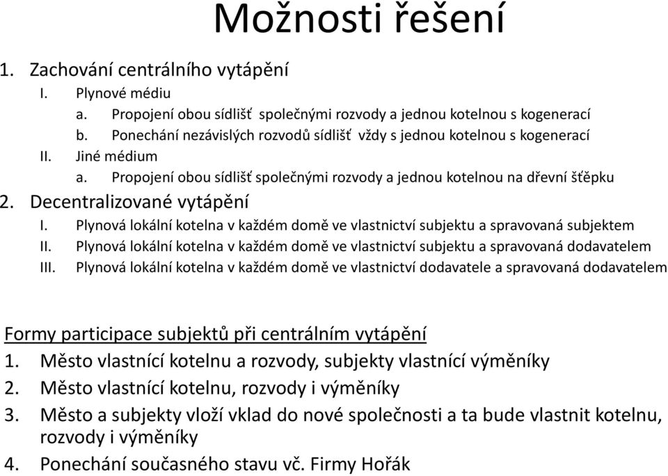 Plynová lokální kotelna v každém domě ve vlastnictví subjektu a spravovaná subjektem II. Plynová lokální kotelna v každém domě ve vlastnictví subjektu a spravovaná dodavatelem III.