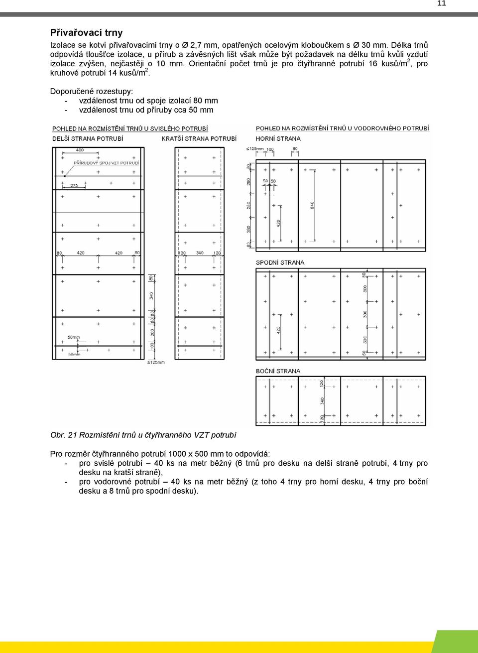 Orientační počet trnů je pro čtyřhranné potrubí 16 kusů/m 2, pro kruhové potrubí 14 kusů/m 2. Doporučené rozestupy: - vzdálenost trnu od spoje izolací 80 mm - vzdálenost trnu od příruby cca 50 mm Obr.