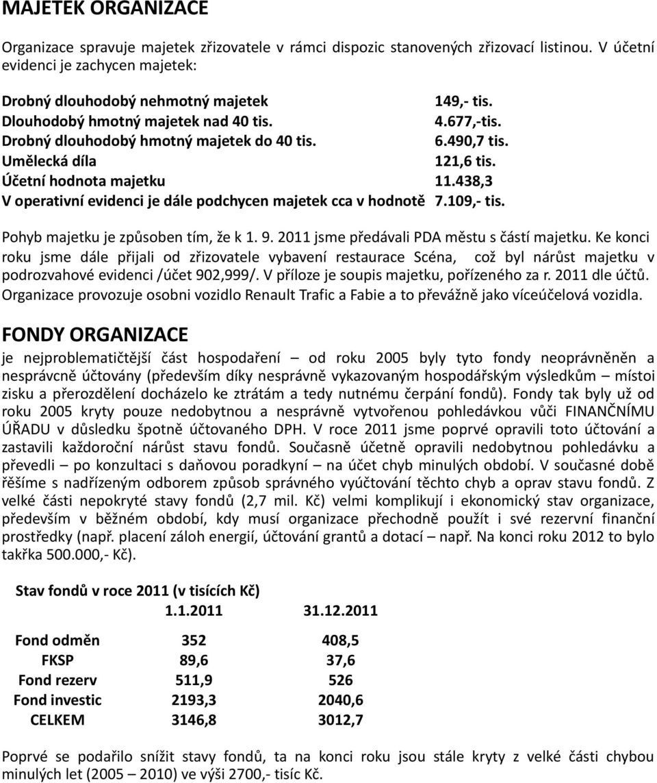 438,3 V operativní evidenci je dále podchycen majetek cca v hodnotě 7.109,- tis. Pohyb majetku je způsoben tím, že k 1. 9. 2011 jsme předávali PDA městu s částí majetku.