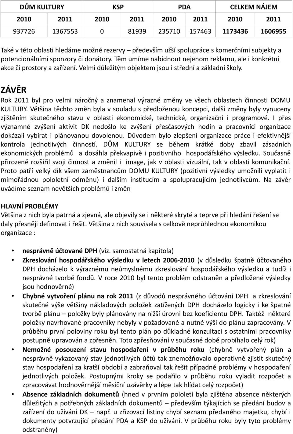 ZÁVĚR Rok 2011 byl pro velmi náročný a znamenal výrazné změny ve všech oblastech činnosti DOMU KULTURY.