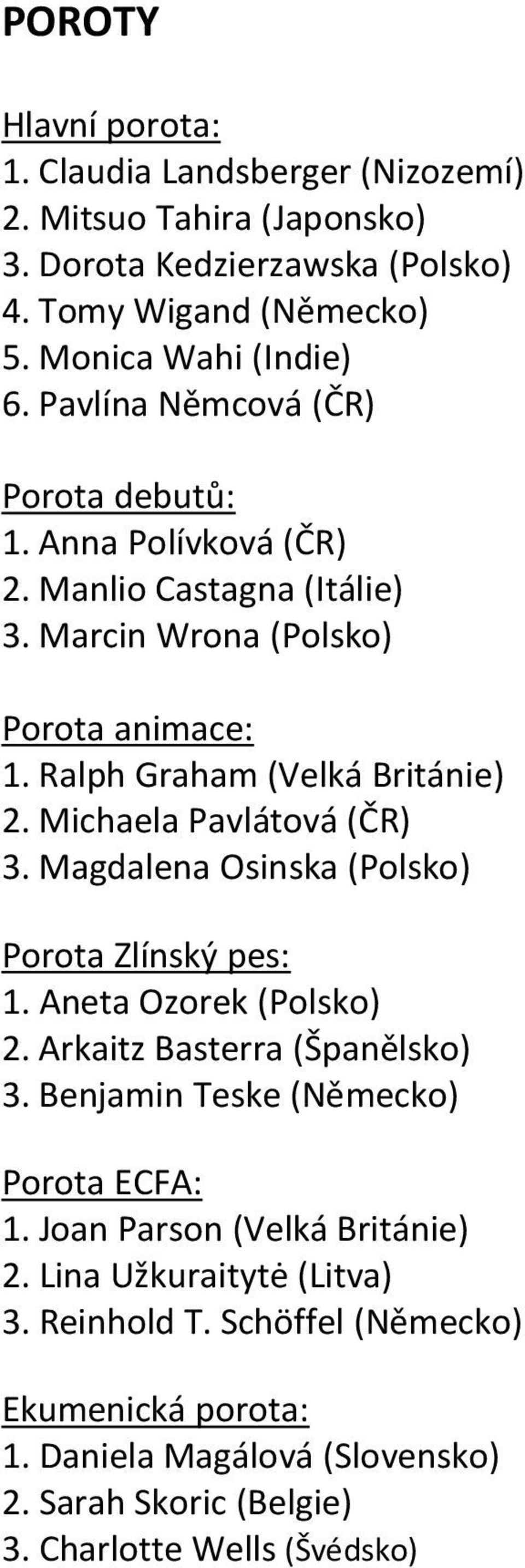 Michaela Pavlátová (ČR) 3. Magdalena Osinska (Polsko) Porota Zlínský pes: 1. Aneta Ozorek (Polsko) 2. Arkaitz Basterra (Španělsko) 3. Benjamin Teske (Německo) Porota ECFA: 1.