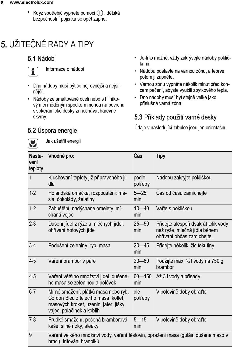 2 Úspora energie Jak ušetřit energii Je-li to možné, vždy zakrývejte nádoby pokličkami. Nádobu postavte na varnou zónu, a teprve potom ji zapněte.