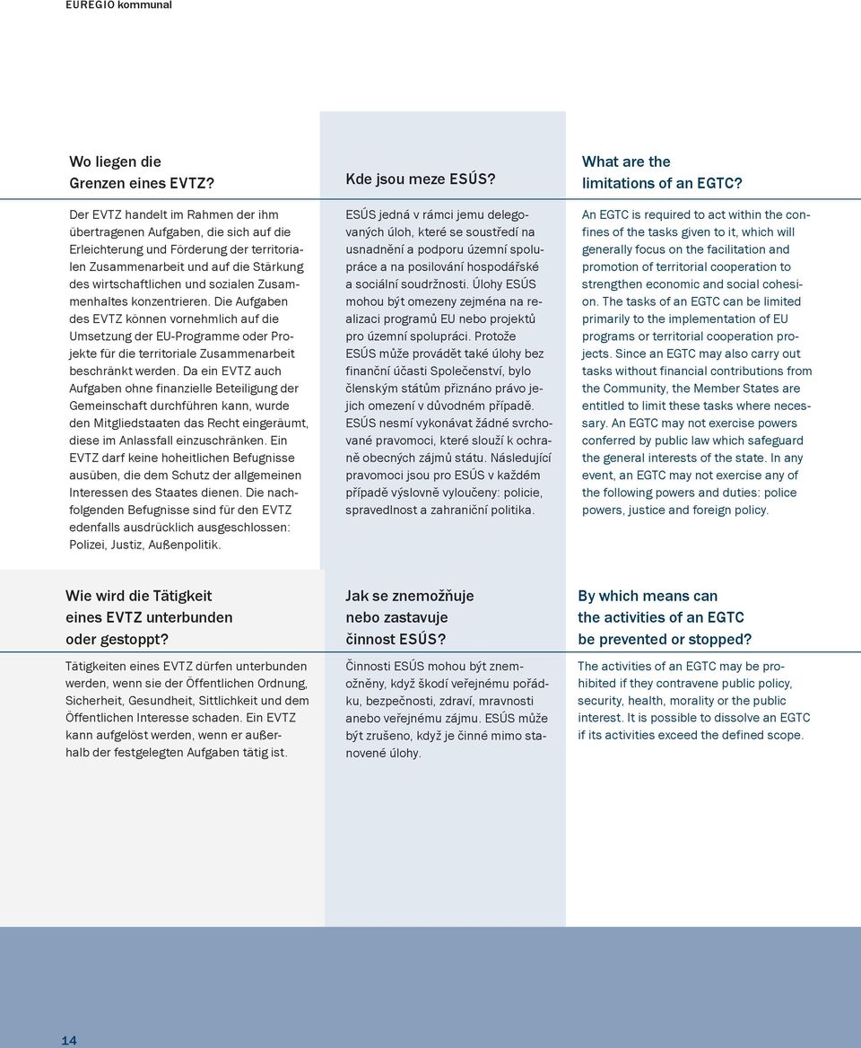 Zusammenhaltes konzentrieren. Die Aufgaben des EVTZ können vornehmlich auf die Umsetzung der EU-Programme oder Projekte für die territoriale Zusammenarbeit beschränkt werden.