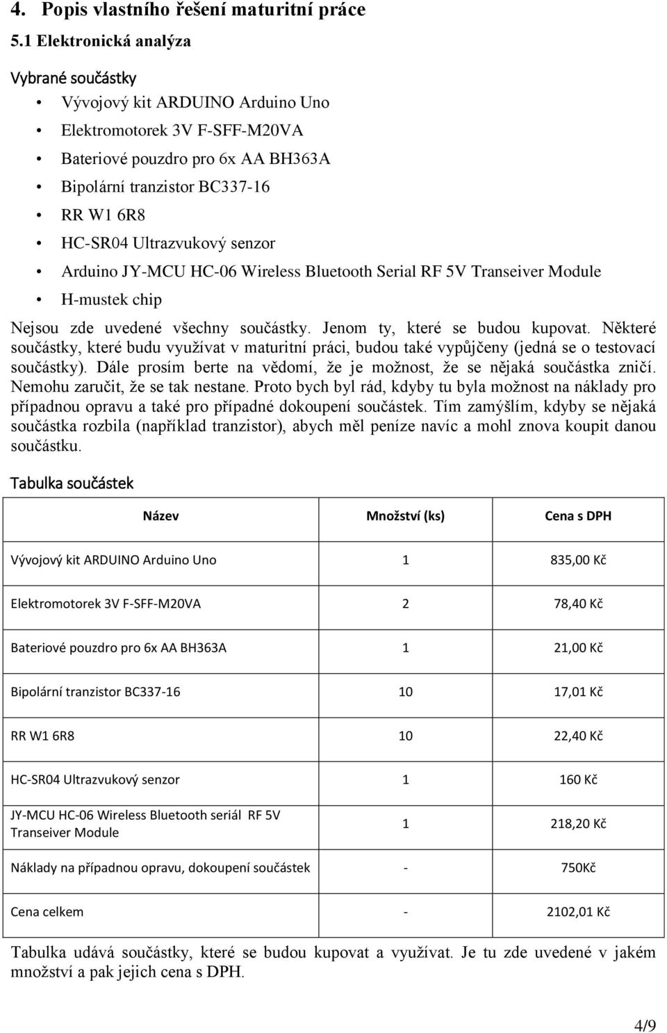 senzor Arduino JY-MCU HC-06 Wireless Bluetooth Serial RF 5V Transeiver Module H-mustek chip Nejsou zde uvedené všechny součástky. Jenom ty, které se budou kupovat.