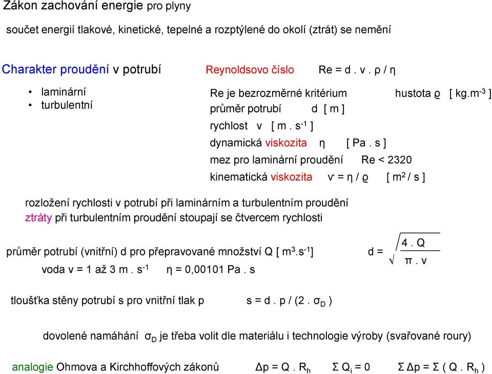 s ] mez pro laminární proudění Re < 2320 kinematická viskozita ѵ = η / ϱ [ m 2 / s ] rozložení rychlosti v potrubí při laminárním a turbulentním proudění ztráty při turbulentním proudění stoupají se