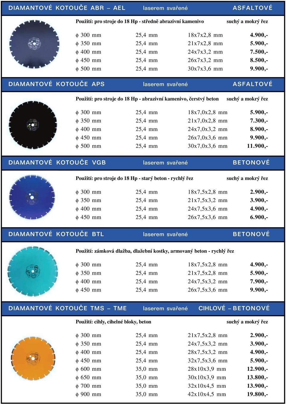 900,- DIAMANTOVÉ KOTOUČE APS ASFALTOVÉ Použití: pro stroje do 18 Hp - abrazivní kamenivo, čerstvý beton φ 300 mm 25,4 mm 18x7,0x2,8 mm 5.900,- φ 350 mm 25,4 mm 21x7,0x2,8 mm 7.