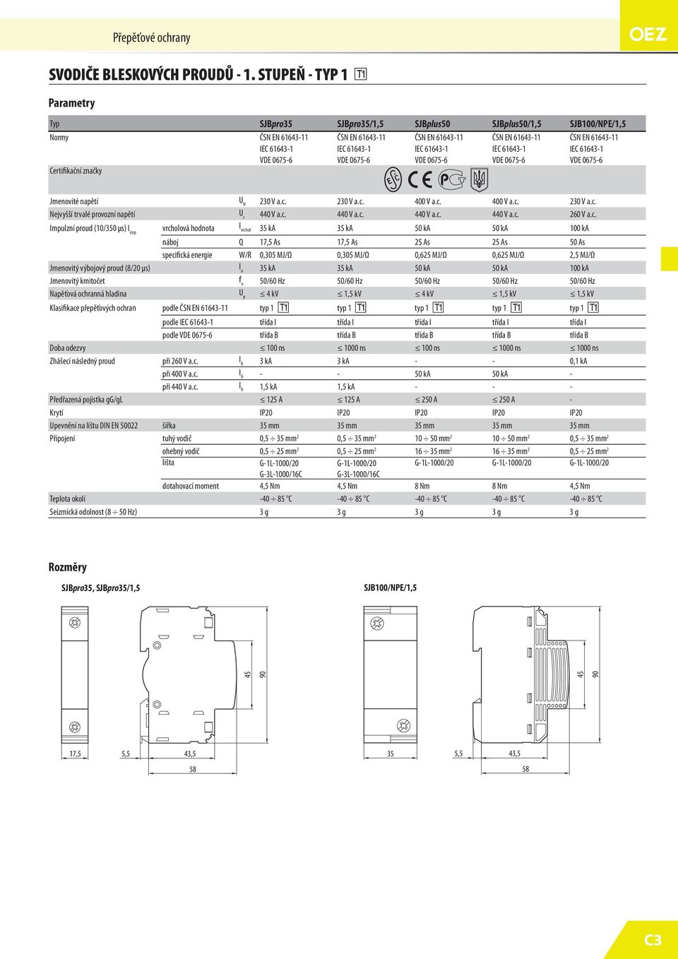 VDE 075- VDE 075- VDE 075- VDE 075- VDE 075- Certifikační značky Jmenovité napětí U 230 V a.c. 230 V a.c. 400 V a.c. 400 V a.c. 230 V a.c. ejvyšší trvalé provozní napětí 440 V a.c. 440 V a.c. 440 V a.c. 440 V a.c. 20 V a.