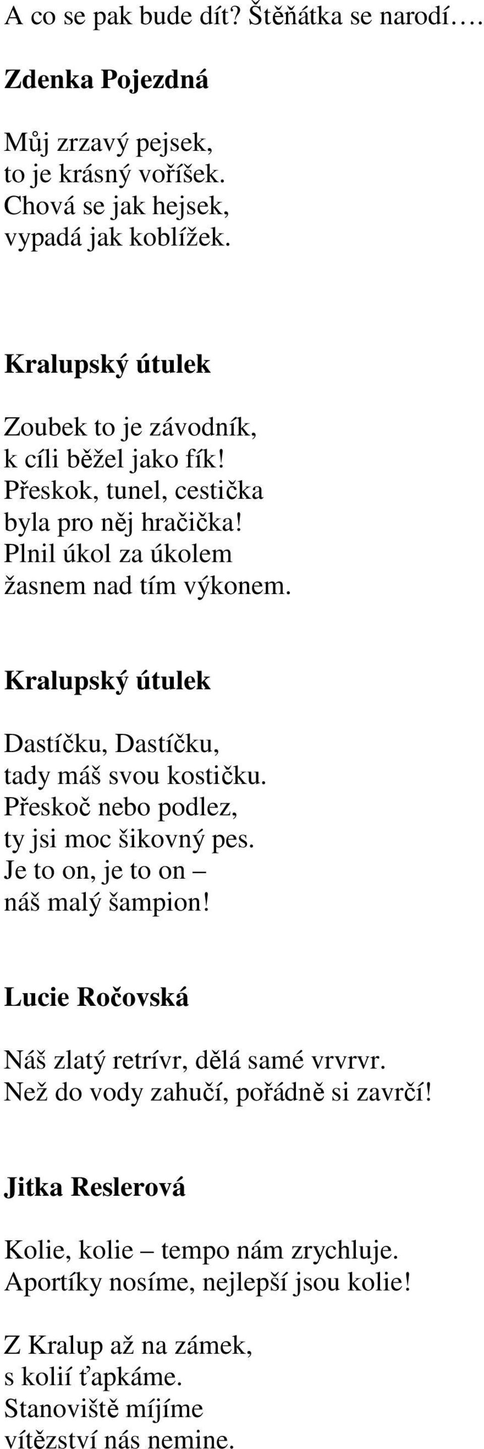 Kralupský útulek Dastíčku, Dastíčku, tady máš svou kostičku. Přeskoč nebo podlez, ty jsi moc šikovný pes. Je to on, je to on náš malý šampion!