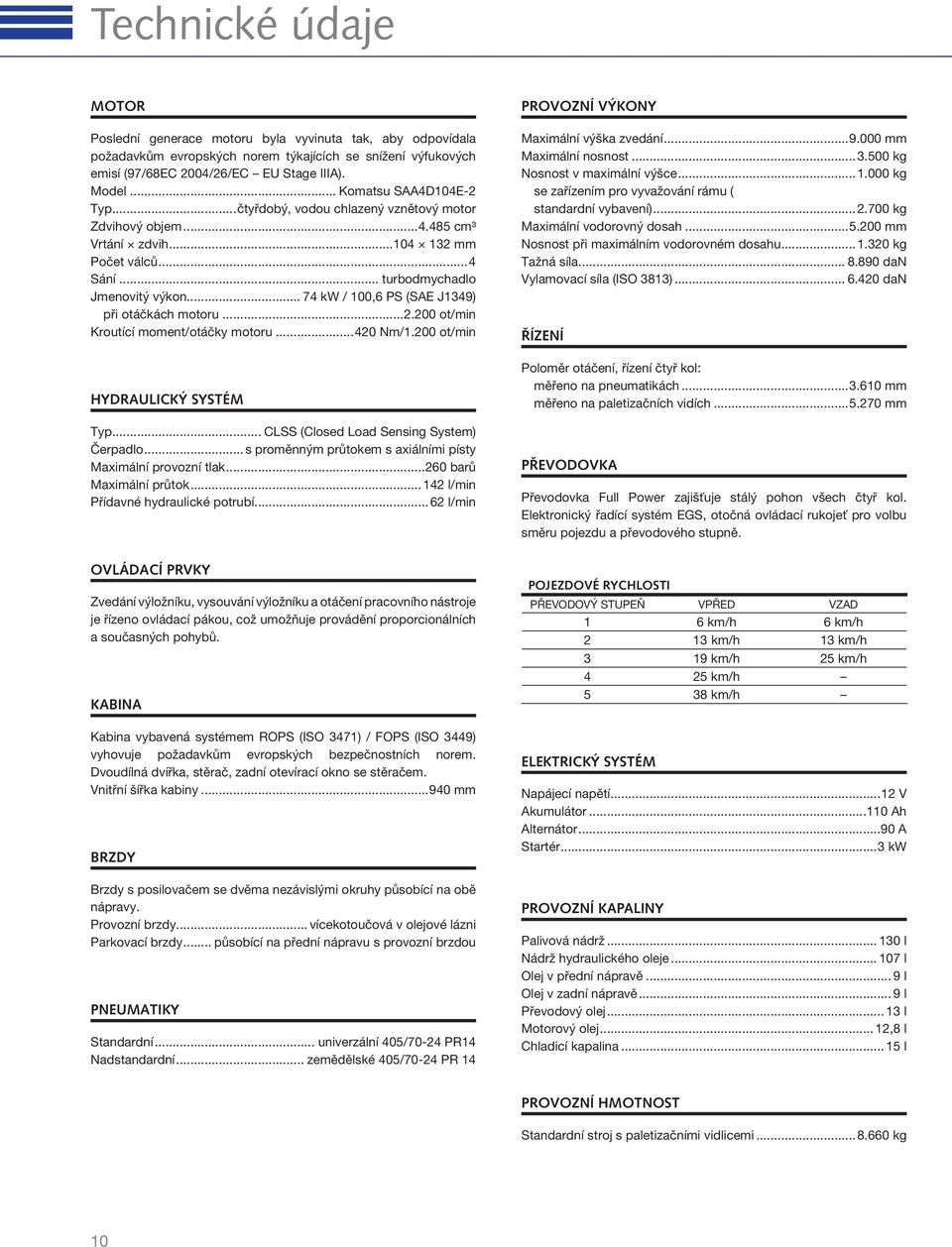 .. 74 kw / 100,6 PS (SAE J1349) při otáčkách motoru...2.200 ot/min Kroutící moment/otáčky motoru...420 Nm/1.200 ot/min HYDRAULICKÝ SYSTÉM Typ... CLSS (Closed Load Sensing System) Čerpadlo.