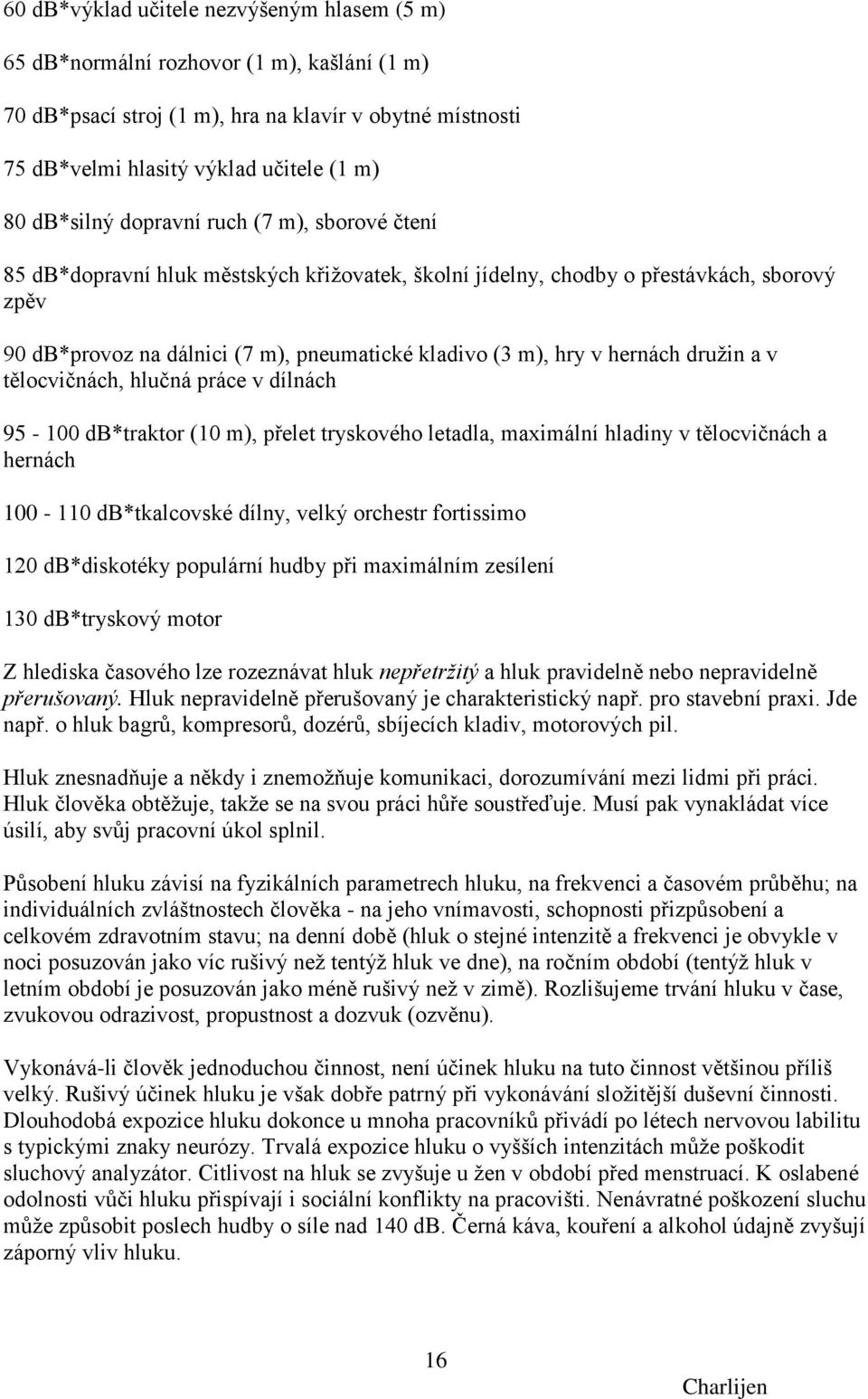 v hernách druţin a v tělocvičnách, hlučná práce v dílnách 95-100 db*traktor (10 m), přelet tryskového letadla, maximální hladiny v tělocvičnách a hernách 100-110 db*tkalcovské dílny, velký orchestr