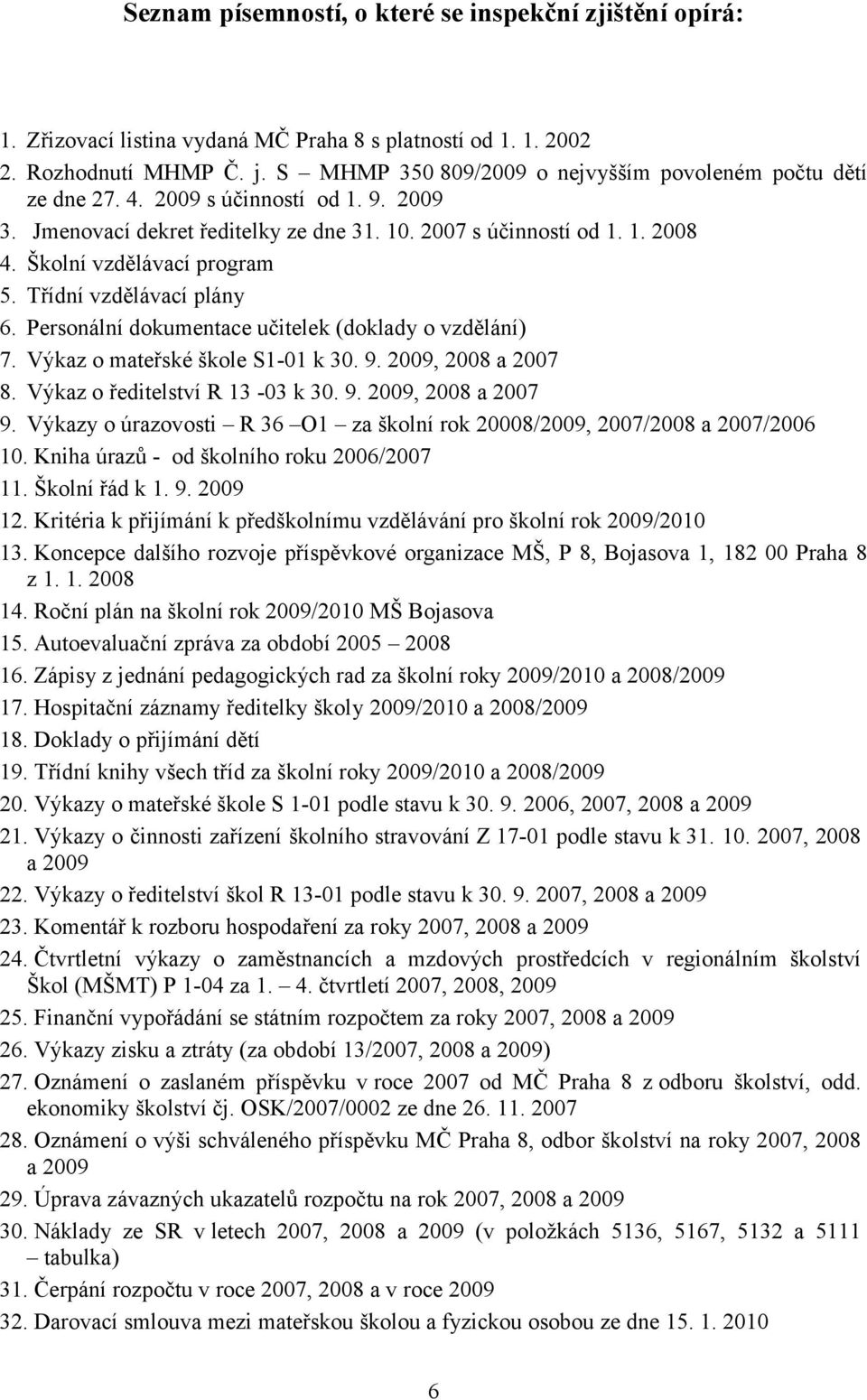 Školní vzdělávací program 5. Třídní vzdělávací plány 6. Personální dokumentace učitelek (doklady o vzdělání) 7. Výkaz o mateřské škole S1-01 k 30. 9. 2009, 2008 a 2007 8.