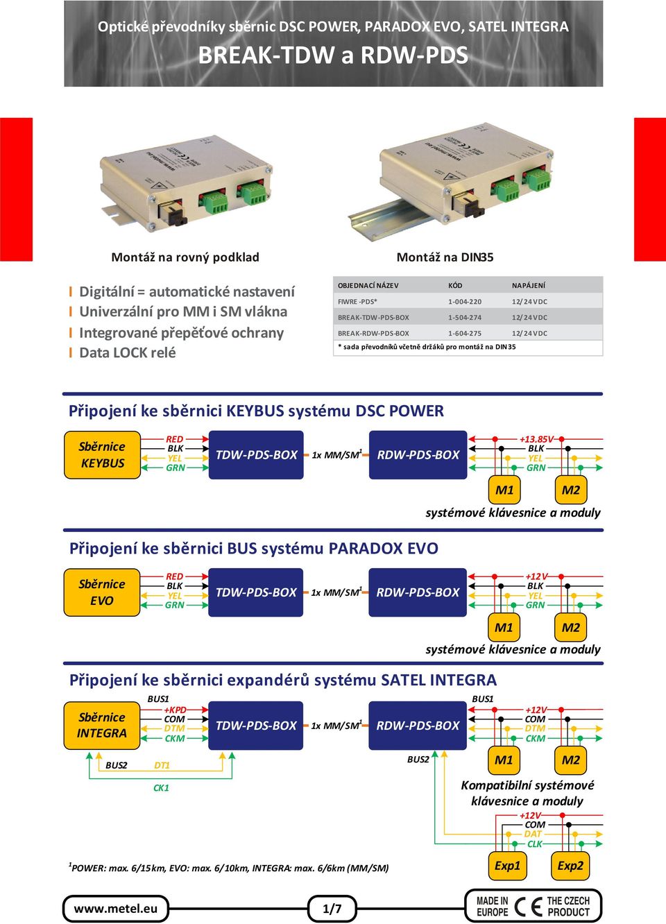 montáž na DIN35 Připojení ke sběrnici KEYBUS systému DSC POWER Sběrnice KEYBUS 1x MM/SM 1 +13,85V M1 M2 systémové klávesnice a moduly Připojení ke sběrnici BUS systému PARADOX EVO Sběrnice EVO 1x