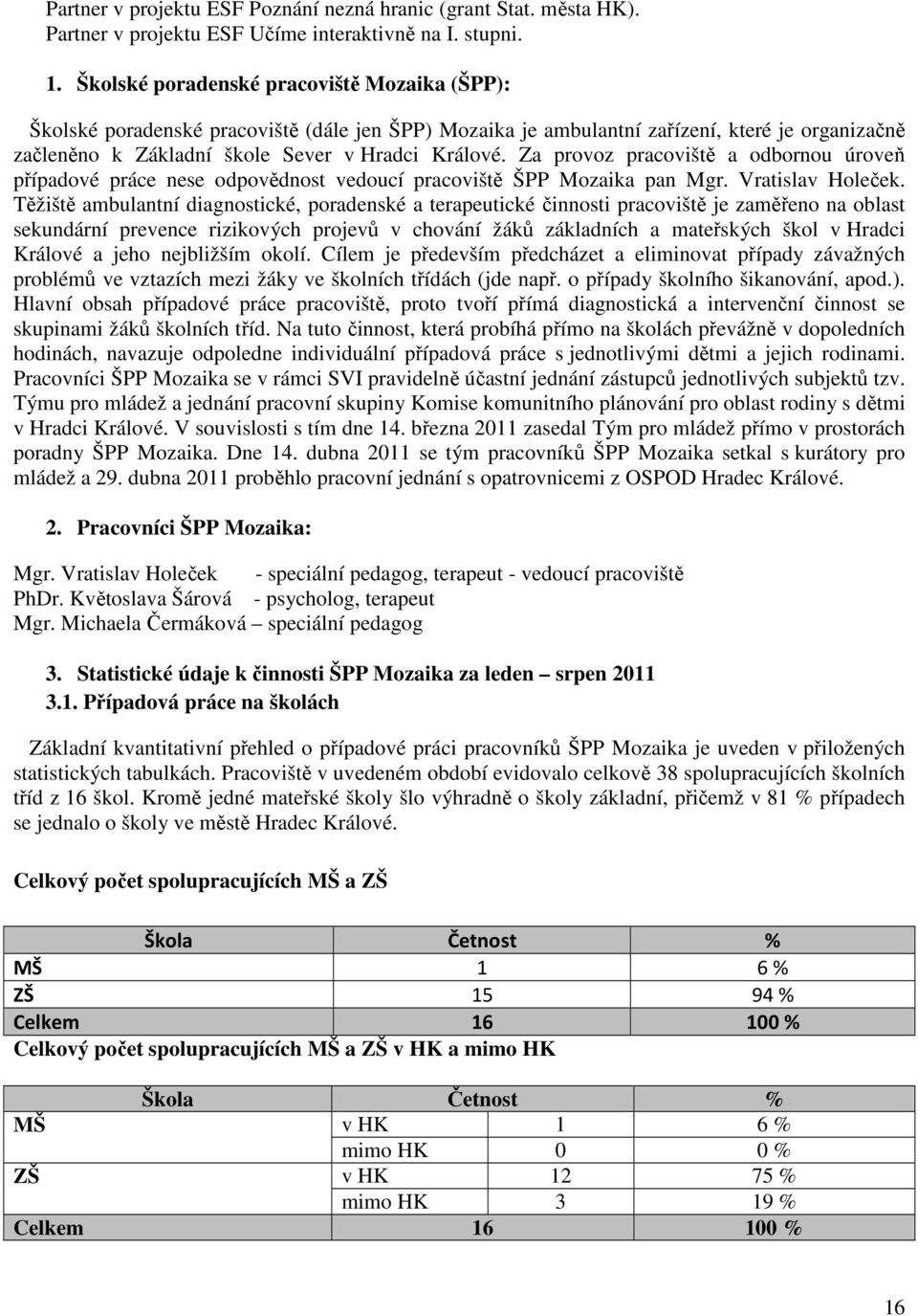 Za provoz pracoviště a odbornou úroveň případové práce nese odpovědnost vedoucí pracoviště ŠPP Mozaika pan Mgr. Vratislav Holeček.