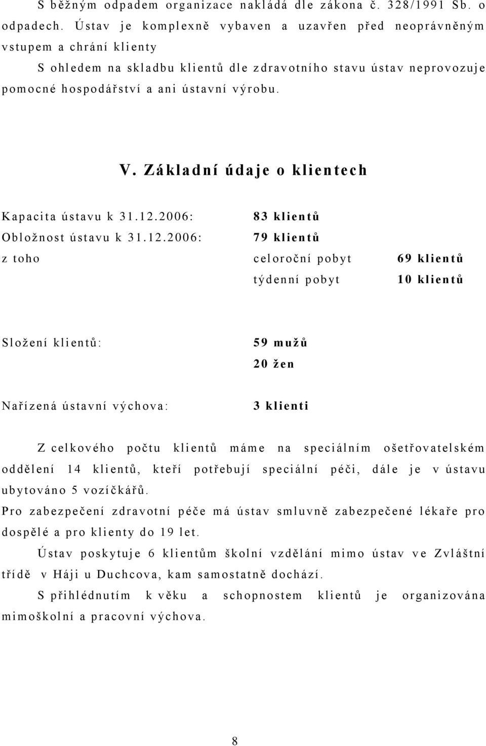 an i ústavní výr o bu. V. Základní údaje o klientech K apacita ústav u k 31.12.