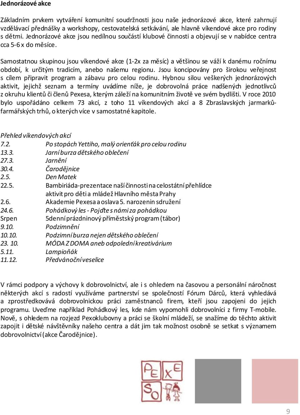 Samostatnou skupinou jsou víkendové akce (1-2x za měsíc) a většinou se váží k danému ročnímu období, k určitým tradicím, anebo našemu regionu.