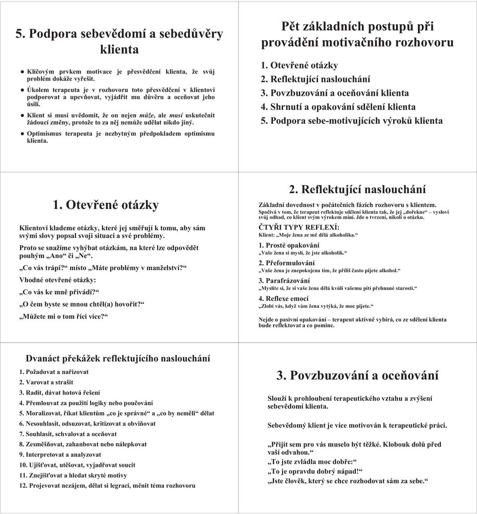 si musí uvědomit, že on nejen může, ale musí uskutečnit žádoucí změny, protože to za něj nemůže udělat nikdo jiný. Optimismus terapeuta je nezbytným předpokladem optimismu klienta.