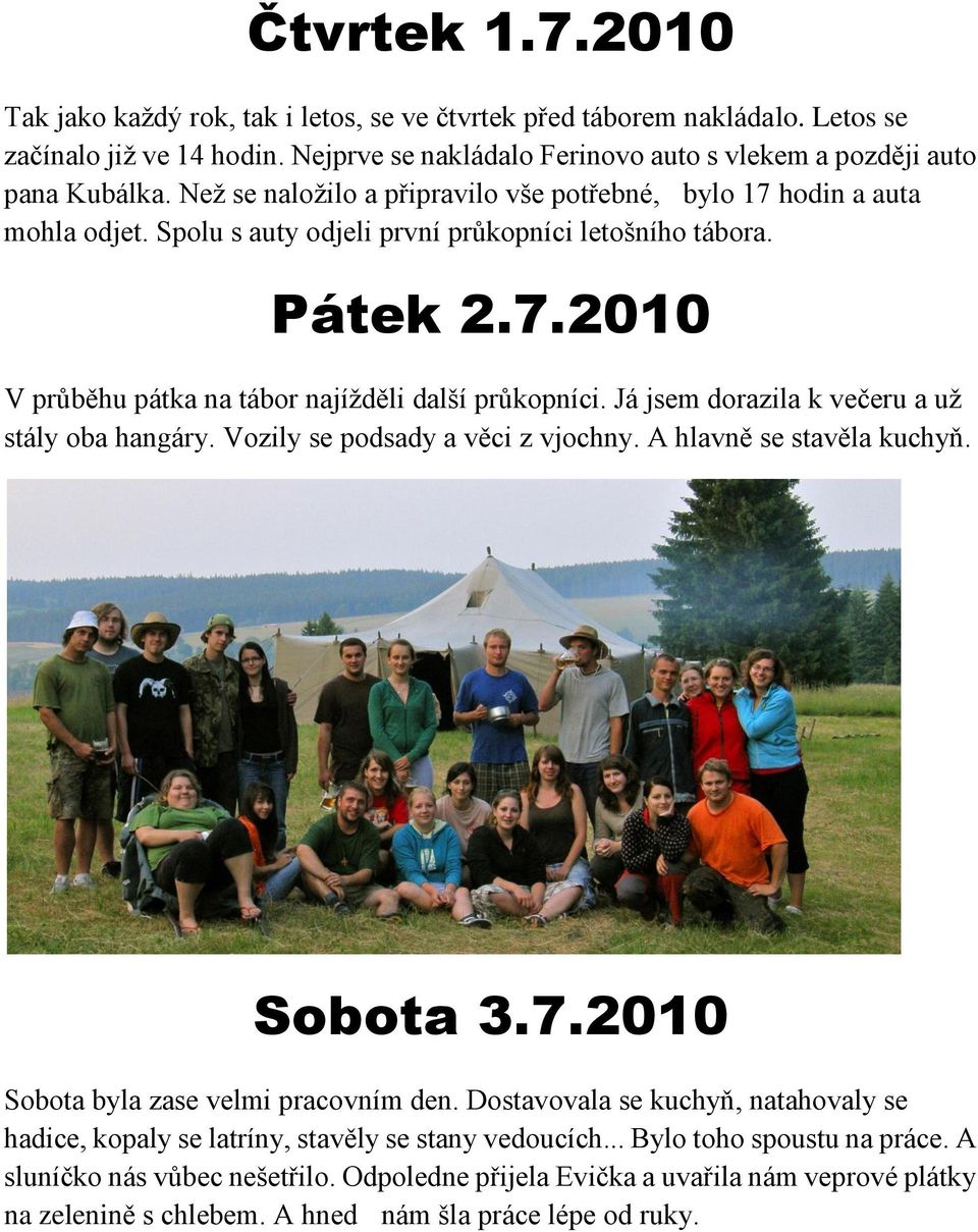 Já jsem dorazila k večeru a už stály oba hangáry. Vozily se podsady a věci z vjochny. A hlavně se stavěla kuchyň. Sobota 3.7.2010 Sobota byla zase velmi pracovním den.