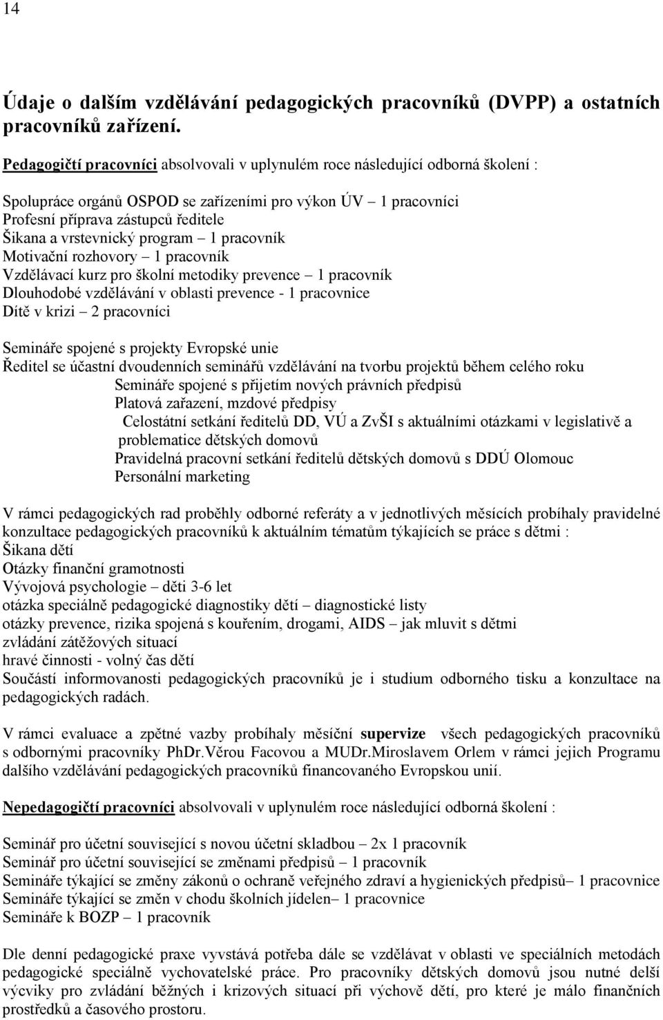 vrstevnický program 1 pracovník Motivační rozhovory 1 pracovník Vzdělávací kurz pro školní metodiky prevence 1 pracovník Dlouhodobé vzdělávání v oblasti prevence - 1 pracovnice Dítě v krizi 2