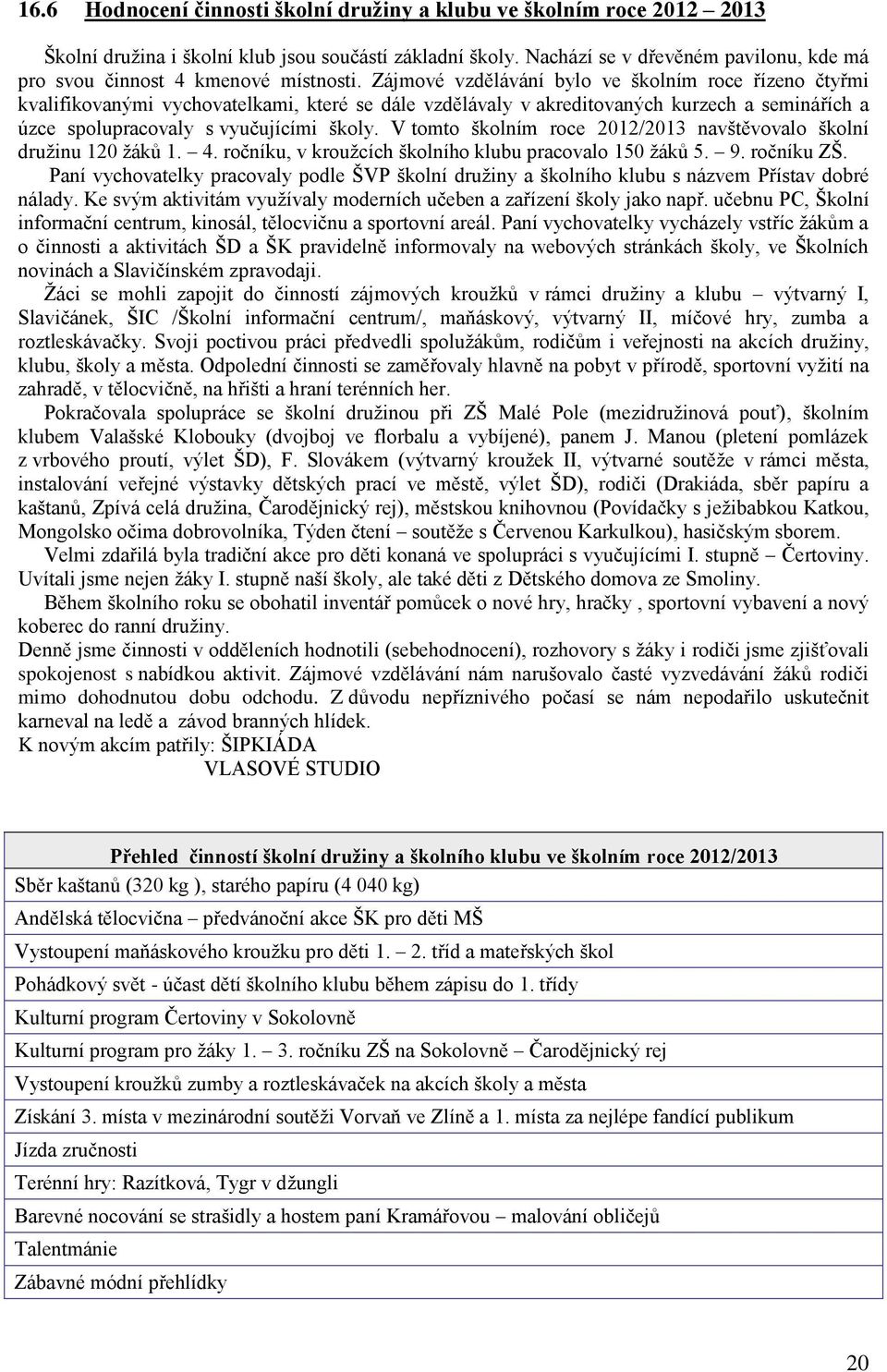 Zájmové vzdělávání bylo ve školním roce řízeno čtyřmi kvalifikovanými vychovatelkami, které se dále vzdělávaly v akreditovaných kurzech a seminářích a úzce spolupracovaly s vyučujícími školy.