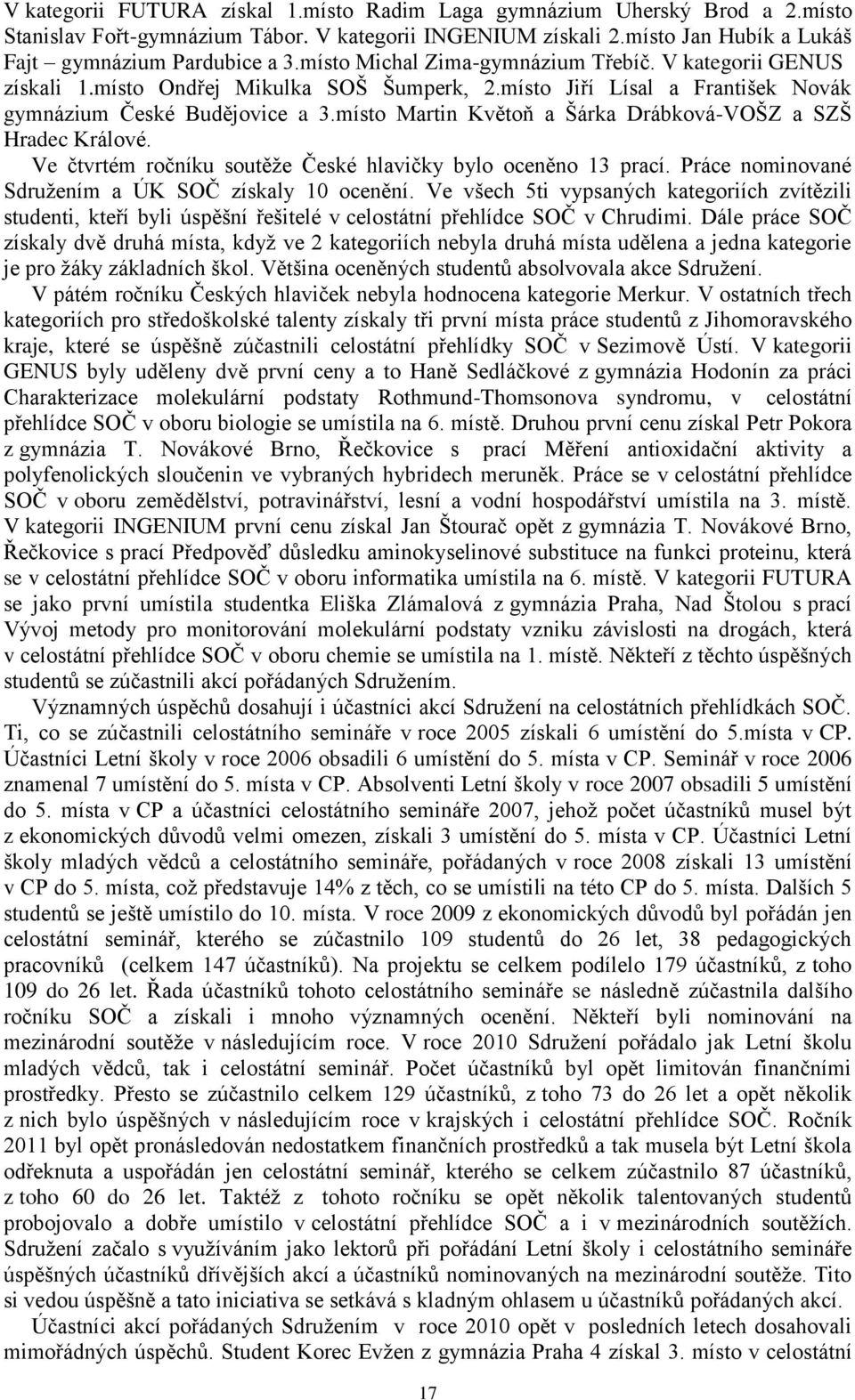 místo Martin Květoň a Šárka Drábková-VOŠZ a SZŠ Hradec Králové. Ve čtvrtém ročníku soutěže České hlavičky bylo oceněno 13 prací. Práce nominované Sdružením a ÚK SOČ získaly 10 ocenění.