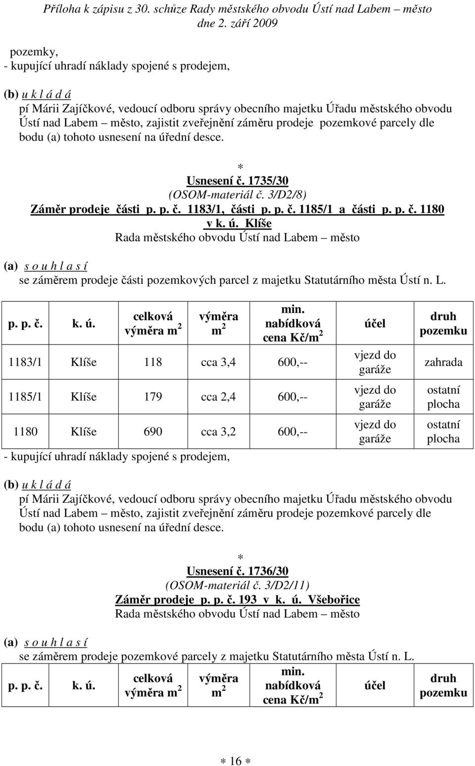 Klíše se záměrem prodeje části pozemkových parcel z majetku Statutárního města Ústí n. L. p. p. č. k. ú. min.