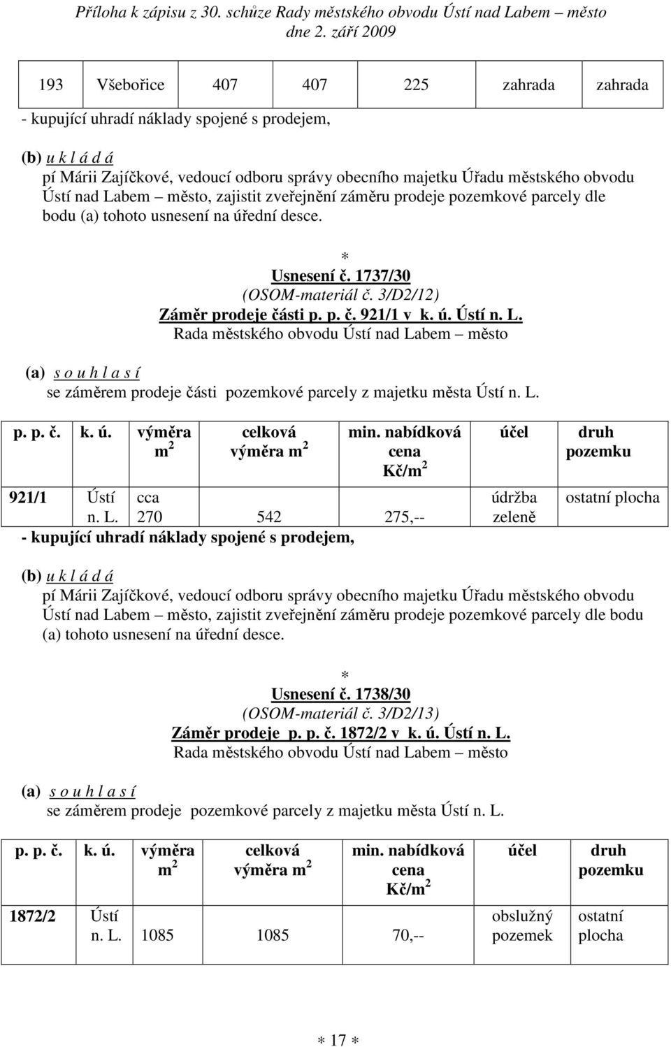 nabídková cena Kč/ 921/1 Ústí cca n. L.