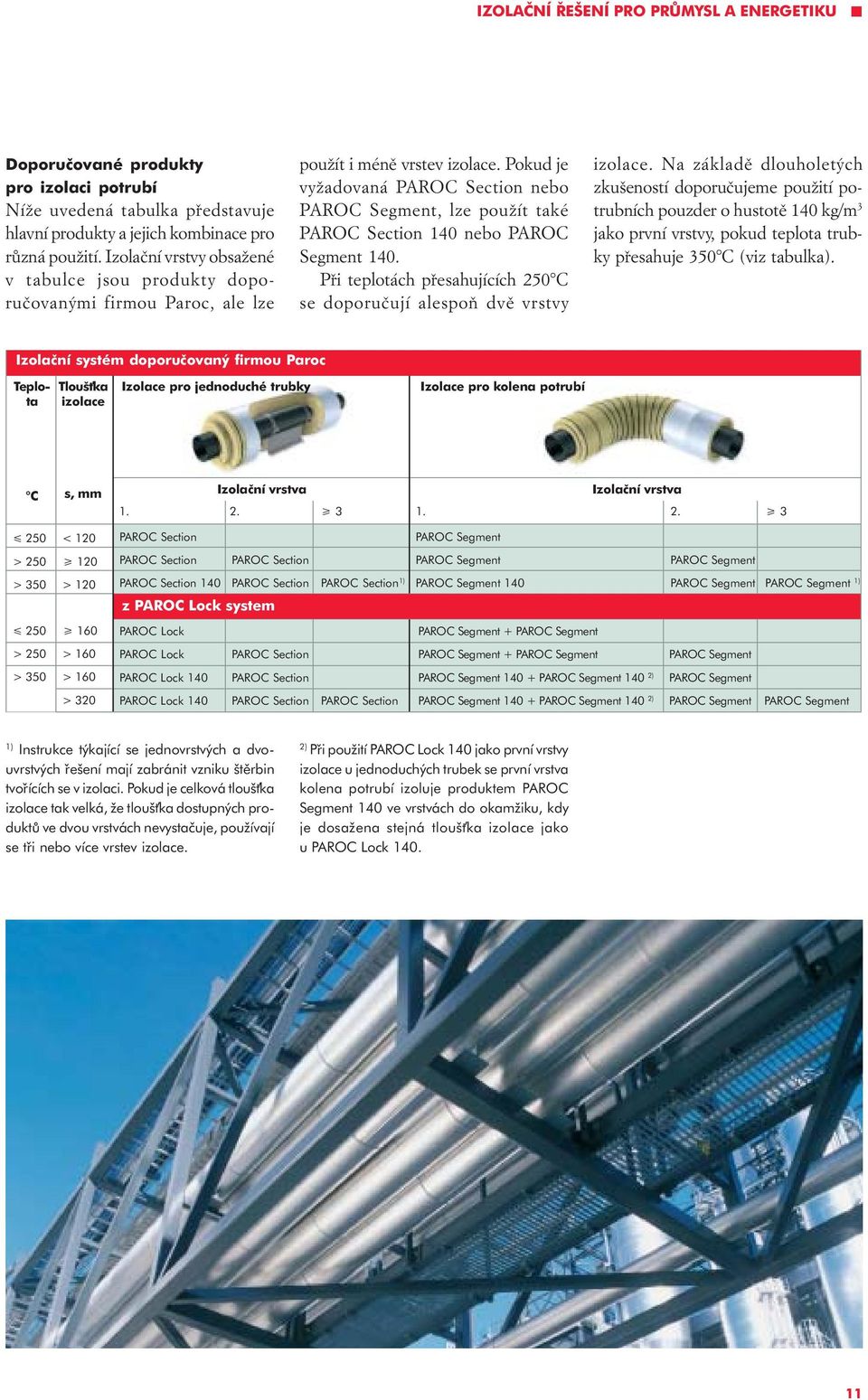 Pokud je vyžadovaná PAROC Section nebo PAROC Segment, lze použít také PAROC Section 140 nebo PAROC Segment 140. Pøi teplotách pøesahujících 250 C se doporuèují alespoò dvì vrstvy izolace.