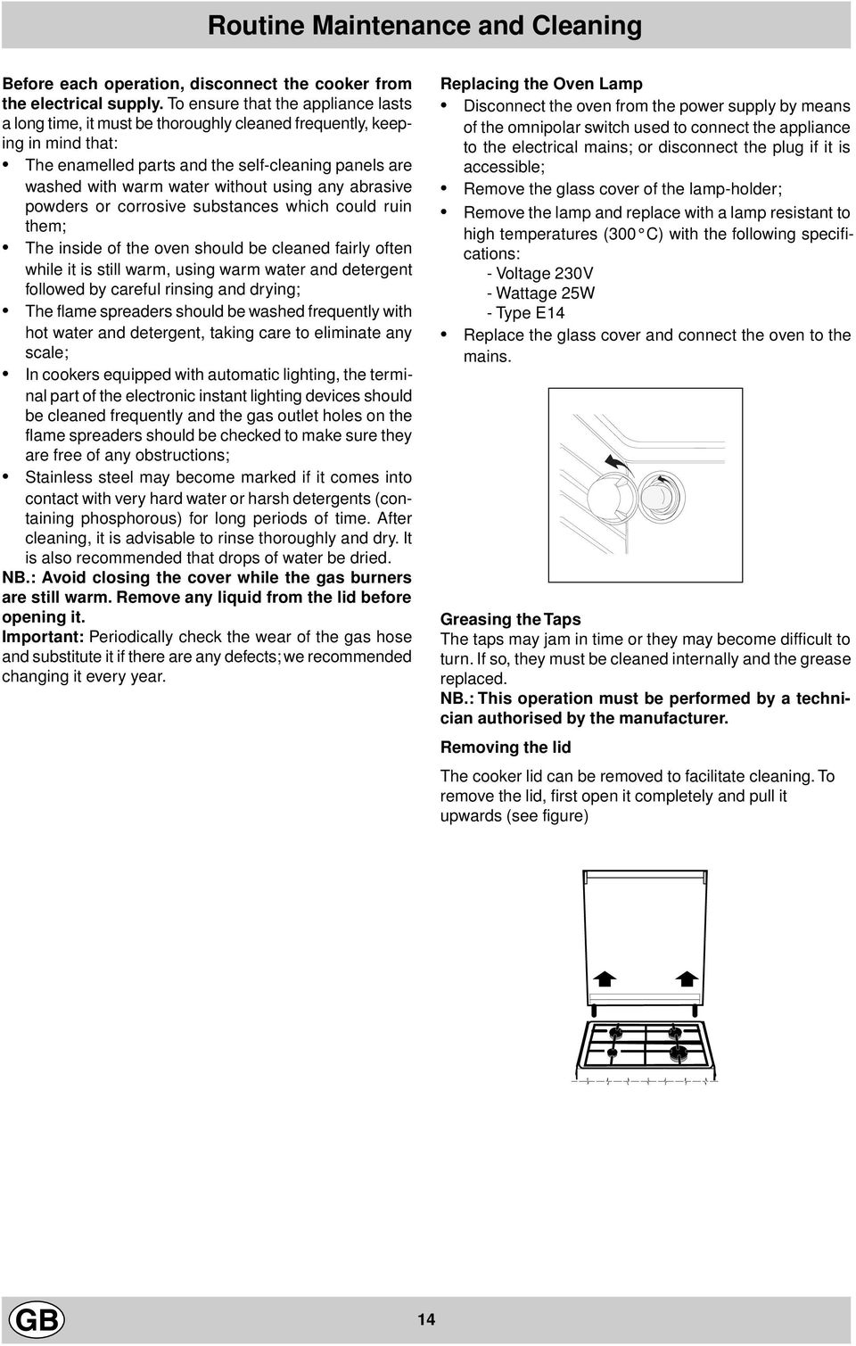 using any abrasive powders or corrosive substances which could ruin them; The inside of the oven should be cleaned fairly often while it is still warm, using warm water and detergent followed by