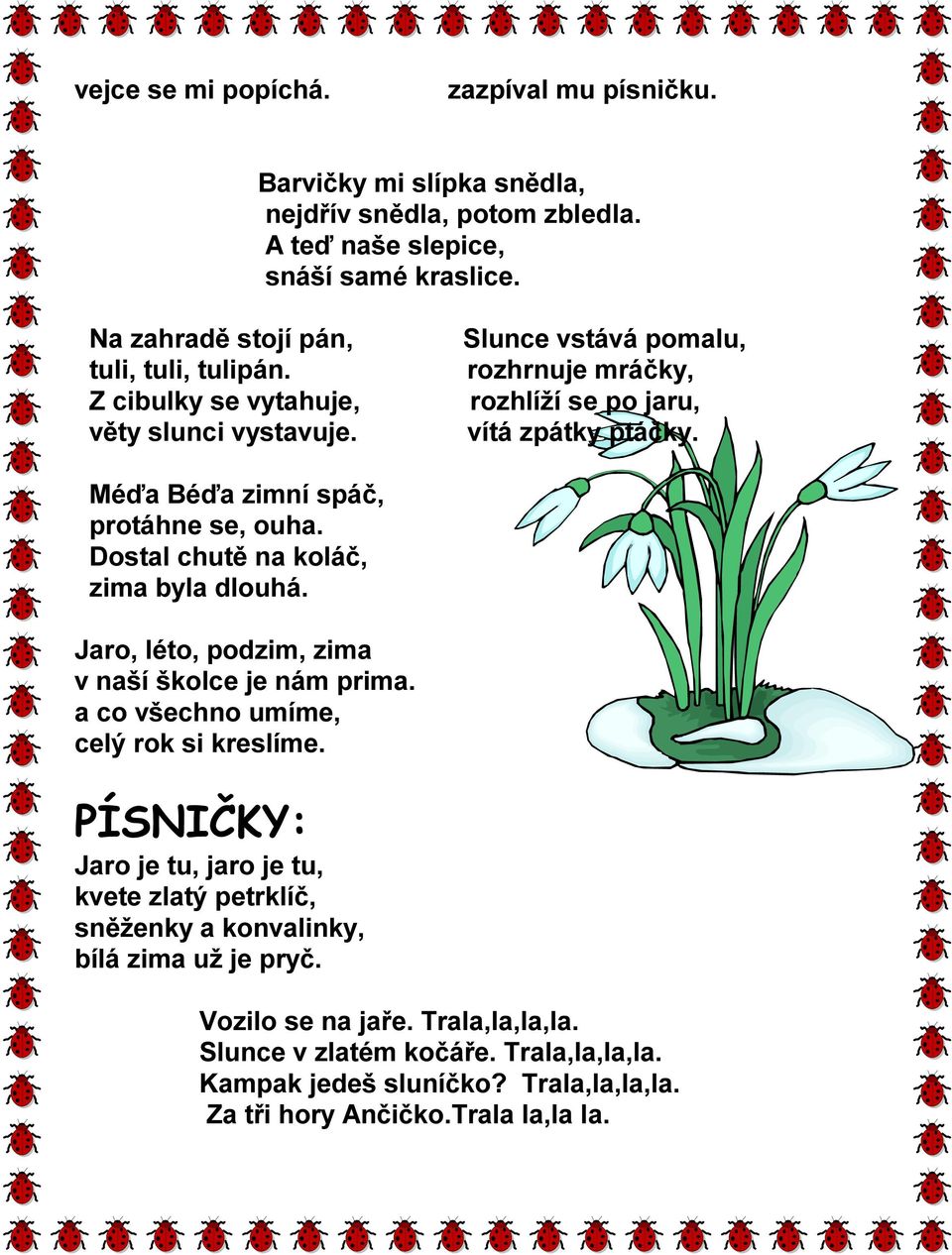 Dostal chutě na koláč, zima byla dlouhá. Jaro, léto, podzim, zima v naší školce je nám prima. a co všechno umíme, celý rok si kreslíme.