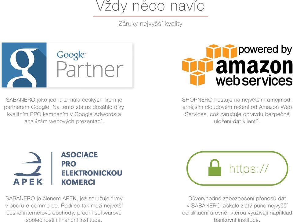 SHOPNERO hostuje na největším a nejmodernějším cloudovém řešení od Amazon Web Services, což zaručuje opravdu bezpečné uložení dat klientů.