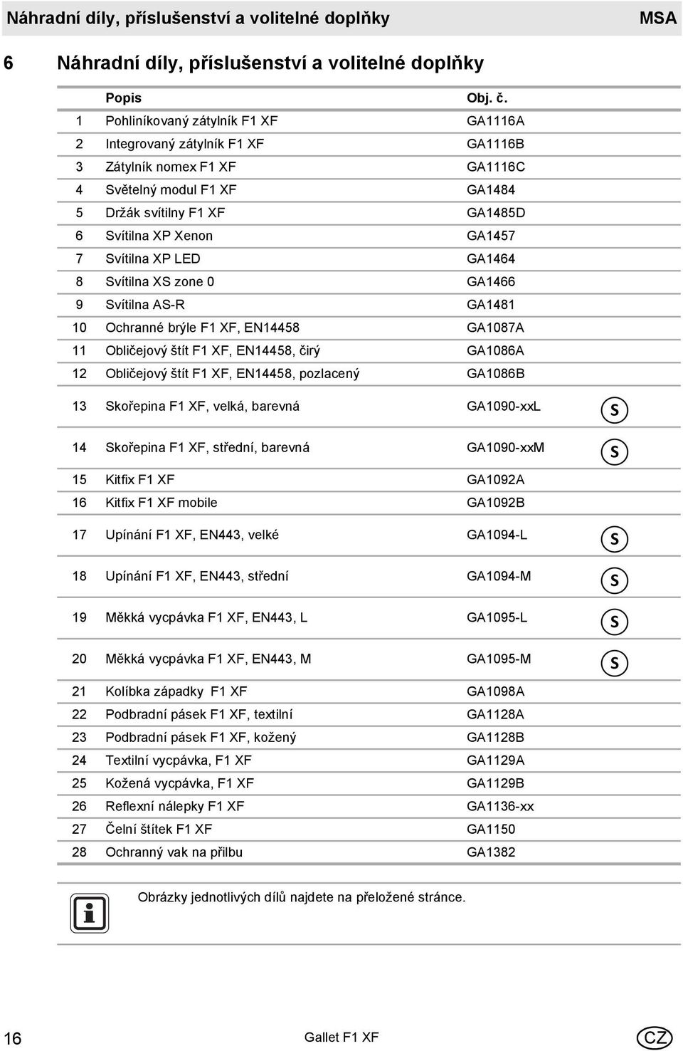 Svítilna XP LED GA1464 8 Svítilna XS zone 0 GA1466 9 Svítilna AS-R GA1481 10 Ochranné brýle F1 XF, EN14458 GA1087A 11 Obličejový štít F1 XF, EN14458, čirý GA1086A 12 Obličejový štít F1 XF, EN14458,