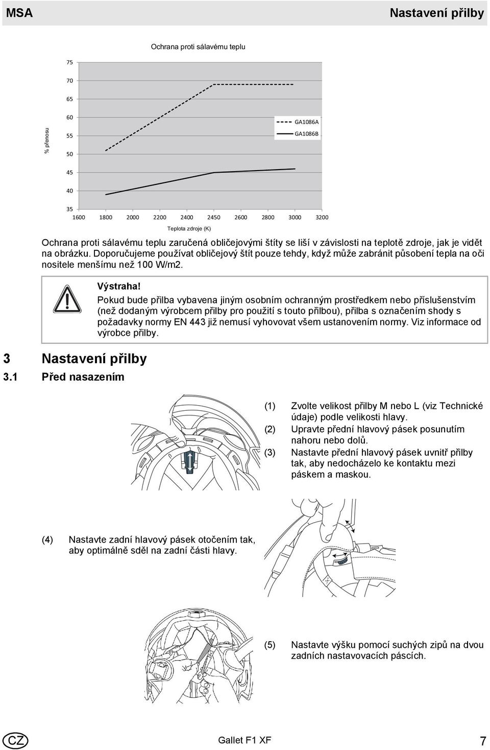 Doporučujeme používat obličejový štít pouze tehdy, když může zabránit působení tepla na oči nositele menšímu než 100 W/m2. 3 Nastavení přilby 3.1 Před nasazením Teplota zdroje (K) Výstraha!